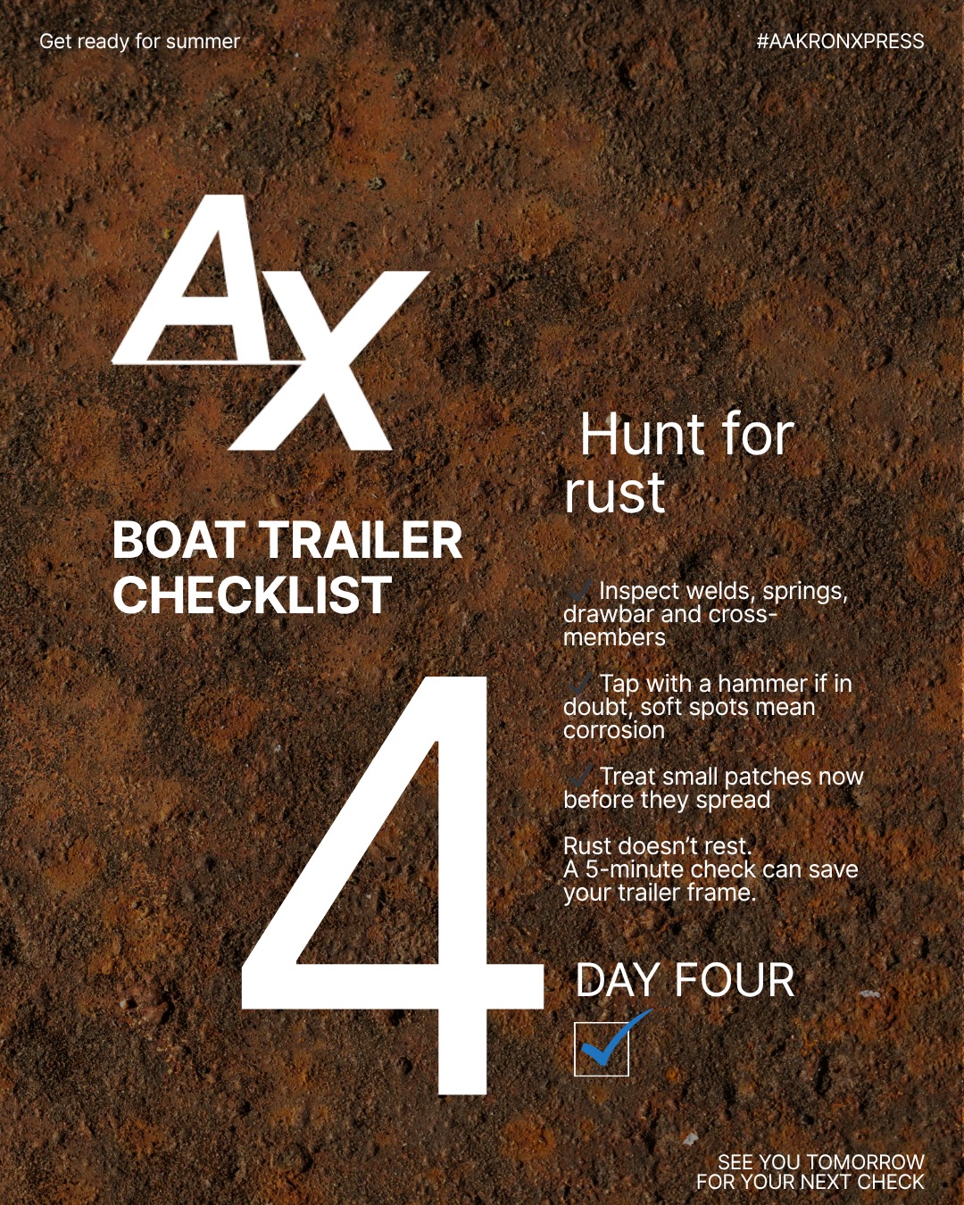 🛠️ Day 4: Rust Check!
Rust can sneak up and weaken your trailer before you know it. Take a good look at your trailer frame, axles, and fittings — especially if it’s been in saltwater.
✅ Inspect for surface rust or corrosion
✅ Clean and treat any spots
✅ Touch up paint or protective coatings if needed
A little maintenance now keeps your trailer strong, safe, and looking sharp all summer! ⚓✨
#BoatTrailerTips #TrailerMaintenance #RustCheck #SummerReady #BoatLifeNZ #TrailerCare #NZBoating