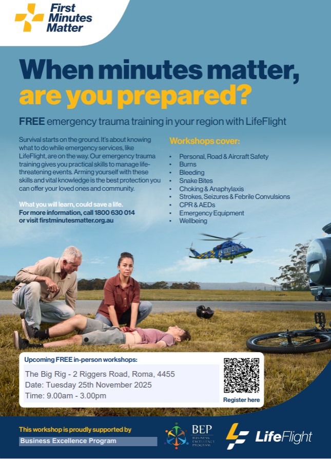 BEP is proud to partner with @lifeflight_au to offer the First Minutes Matter training in Roma. If your business has crews on the road, on site or in the office, this course will provide practical skills to manage life threatening events. What better way to protect your workmates, love ones and your community!
Tuesday 25th November
9am - 3pm
BEP Partners - @maranoaregionalcouncil @santos_ltd Roma Commerce and Tourism Inc. and Department of State Development