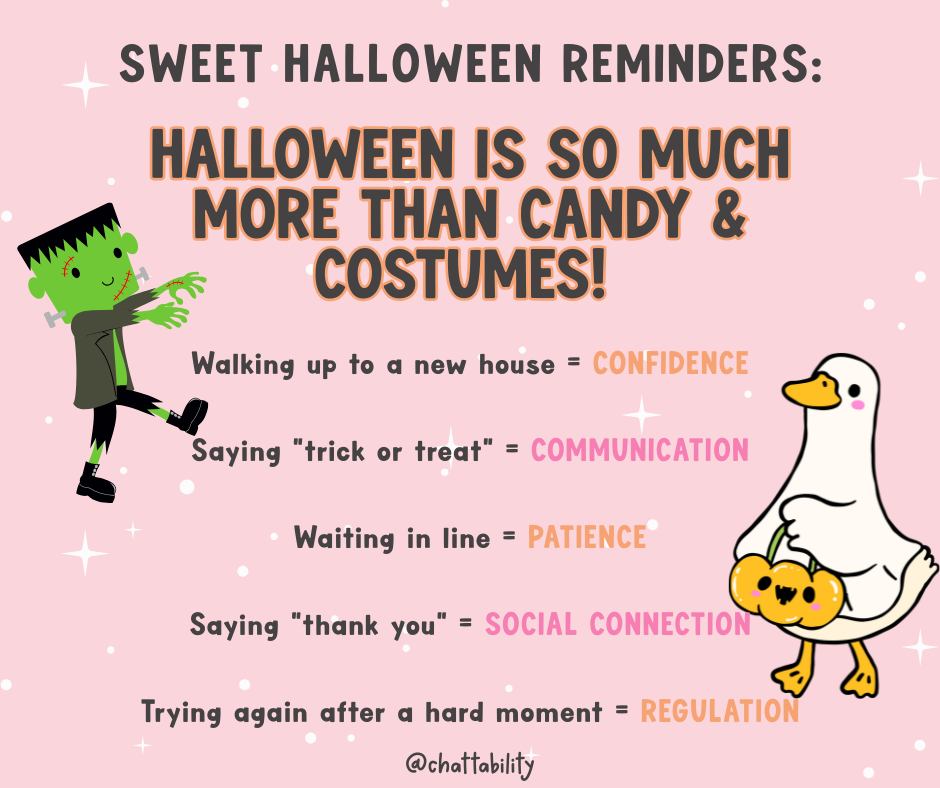 Confidence, communication, patience, social connection, and regulation all show up in the smallest moments.
Cheer on your little ghouls and goblins for every brave “trick or treat!” 💛
#ChattAbility #halloween2025 #communication #inclusionmatters #neurodiversity #speechtherapy #aba #parenting #education #communication #bcba #slpa #behavioranalysis #trickortreat #momlife #parenthood