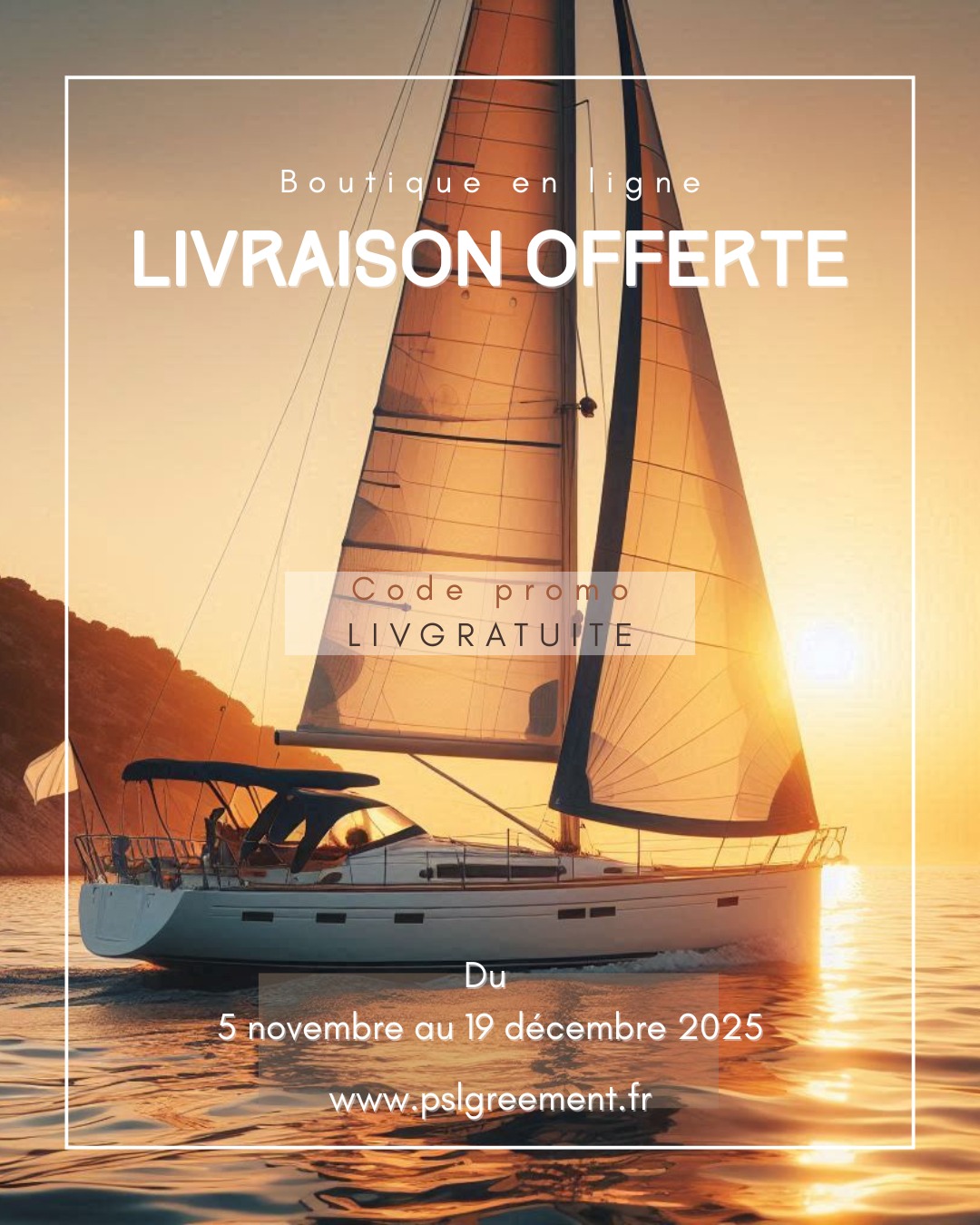 🎁 Livraison offerte ! 🚚✨
••
Du 5 novembre au 19 décembre, profitez de la livraison gratuite sur notre site internet pour toute commande dès 100€ d'achat
C’est le moment idéal pour faire (ou se faire 😏) plaisir avant les fêtes 🎄
➡️ Rendez-vous sur notre site 👉www.pslgreement.fr👈 pour découvrir toutes nos nouveautés !
••
#Nautisme #CadeauxDeNoël #LivraisonOfferte #727Sailbags #PSLGréement #ShoppingNautique #siteweb #Shopping #BestOfTheWeek #EquipementBateau #Accastillage #ecommerce #accessoiresmode #brand #gift