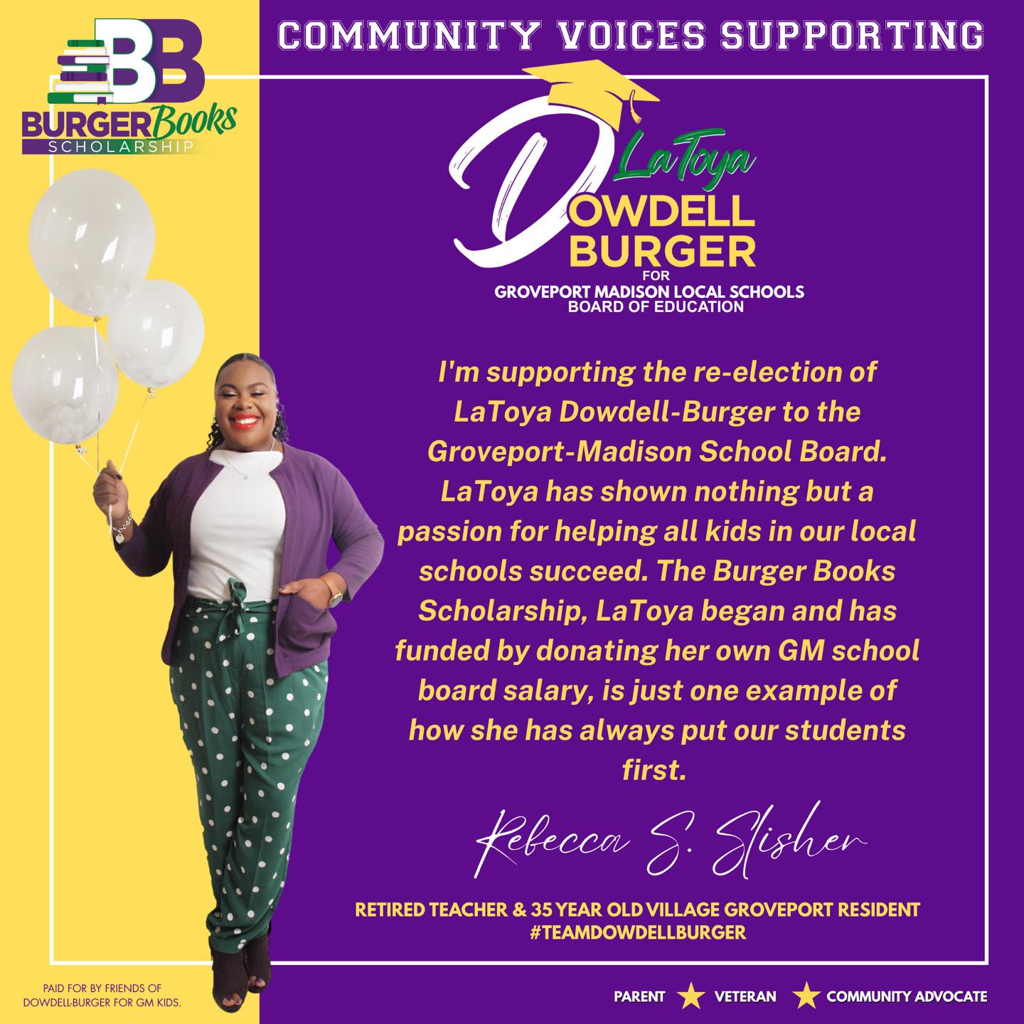 🏡Community 📣 Voices Supporting 🎓 Dowdell-Burger for 🐎 Groveport Madison Schools 💜💚💛
It is so important to connect with our community! 🤝 Being able to connect within our district and surrounding areas helps us find innovative and collaborative ways to support the Whole Child.
Thank you, Mrs. Slisher for your support. She is a retired teacher & 35 Yr. Old Village Groveport Resident. 🖤❤️ Checkout what she had to say. ⬇️
"For every student and for every learner, re-elect LaToya Dowdell-Burger." 🍎📚✏️
#DowdellBurgerForGMS #Everylearner #leadership #innovation #service #votedowdellburger