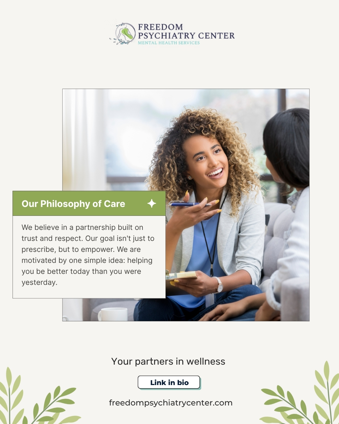 At Freedom Psychiatry, we see you as a whole person, not just a set of symptoms. Dr. Paul's motivation is "to be better today than yesterday," and he brings that goal to every patient partnership. We're here to make a positive, lasting impact on your life.
#TreatmentPhilosophy #PatientCare #HolisticPsychiatry #FreedomPsychiatry #DrPaul #MentalWellness #Empowerment #AZHealth