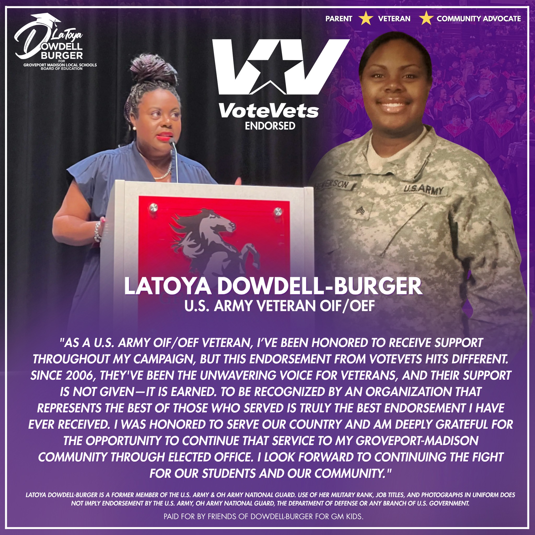 🌟 Endorsement That Matters! VoteVets Joins Our Campaign!
I am absolutely delighted to share that the @votevets organization has officially endorsed my campaign! 🇺🇸
For over a decade, VoteVets has been the leading national voice for veterans, and I deeply respect their mission. As an OIF/OEF U.S. Army veteran, receiving their stamp of approval is a powerful affirmation of my leadership and dedication to service.
My military service instilled in me the discipline and commitment to continue fighting for the well-being and future of our community. I am excited to have VoteVets stand alongside me as I work to continue serving on the Groveport-Madison School Board. 🐴
Your service matters—and your vote matters! Please remember to VOTE!🗳️
"For every student and for every learner, re-elect LaToya Dowdell-Burger." 🚀🎓
#VoteVetsEL #VeteranSupport #VoteVetsEndorsed #DowdellBurgerForGMS #GroveportMadison #Foreverylearner #BurgerBooks #Leadership #Innovation #Service