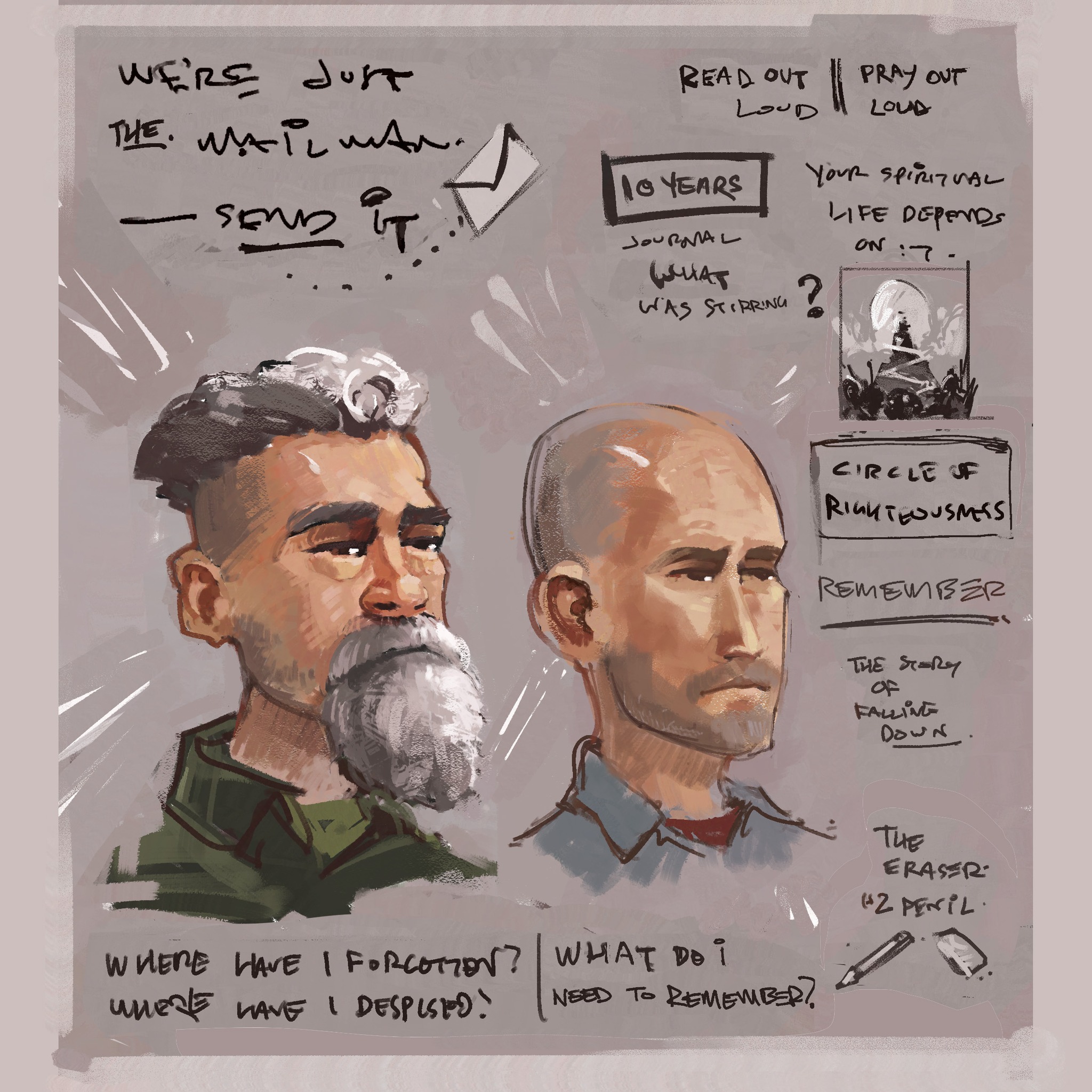 Notes and sketching from this weekend's men's retreat with the area Vineyard churches.
David Sheldon and his friend Rhett shared individual stories of difficulty and breakthrough as they each sought to dig a deep well of connection within their pursuit of a relationship with Jesus.
Each made a decision to commit a radical amount of time. Time is a highly valued possession, perhaps one of the most difficult to surrender.
In conversation, David revealed to me that his middle name is also Keith. We share the same name, first and middle, in a different order. David is also a retired illustrator. Such a fun and unexpected intersection.
Thank you guys for the gift of your stories.
@dksheldon_art
@indyvineyardchurch
@brownsburgvineyardchurch