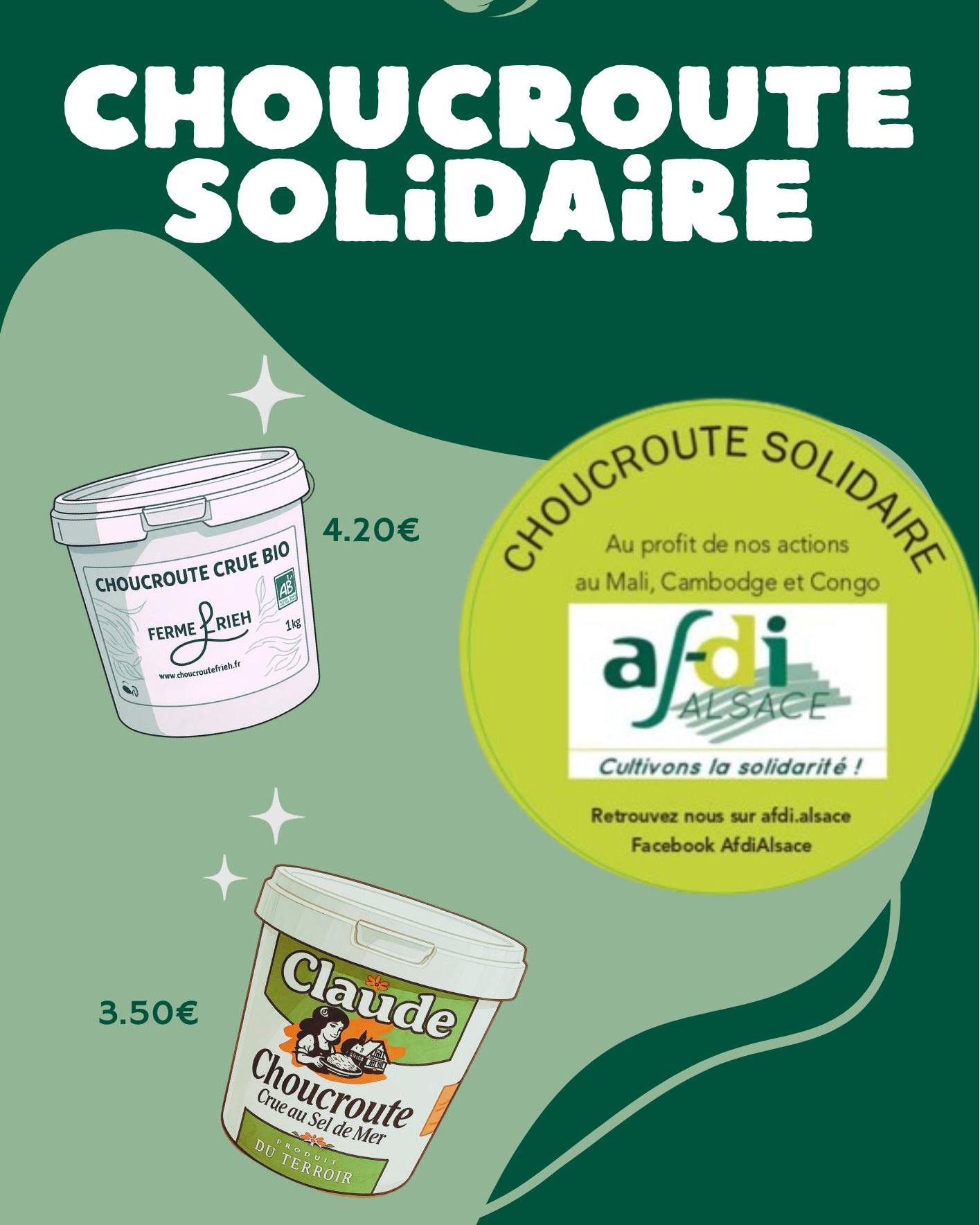 Bonne nouvelle ! la Choucroute Solidaire est déjà (ou bientôt) disponible dans vos points de vente du Haut-Rhin !
Brun Claude, Blodelsheim
Grodwohl Jean-Marie, Battenheim
Earl Edouard Isner, Rouffach
Ferme des SCHALANDOS, Lapoutroie
Ferme EARL SUTTER, Petit-Landau
Les Champs de l'Ill, Spechbach
Ferme GUTLEBEN, Munwiller
Freschakorb - Marché à la ferme, Herrlisheim-près-Colmar
Saveurs et Couleurs de la Montagne, Wesserling
Fraîcheur paysanne, Ruelisheim
Je S’aime des Légumes, Munchhouse
Les légumes de Sylvie, Munwiller