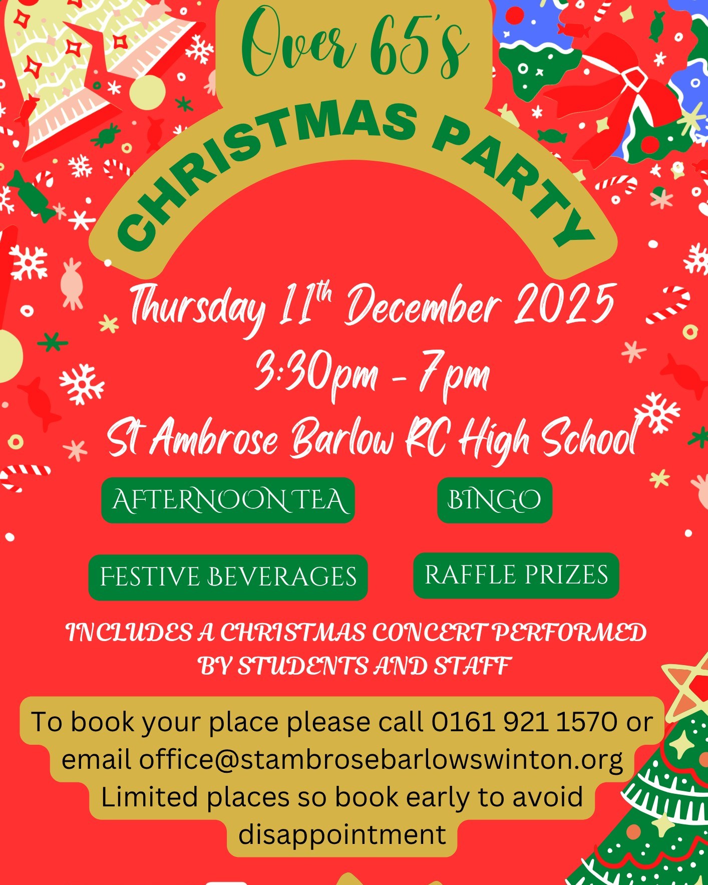 We are delighted to announce the return of our much-loved over 65s Christmas Party! Join us on Thursday 11th December from 3:30pm as we will be welcoming local residents aged 65 and over for an afternoon of festive cheer, including afternoon tea, bingo and holiday treats followed by a joyful Christmas concert performed by students and staff. 🎅🎼🎄⛄
If you would like to book your place, please email office@stambrosebarlowswinton.org or call our main reception on 0161 921 1570. We look forward to seeing as many people there as possible at this wonderful community event! Places are limited so book early to secure your place!
#lovelearnlead #putstambrose1st #schoolthatmatters #over65christmasparty