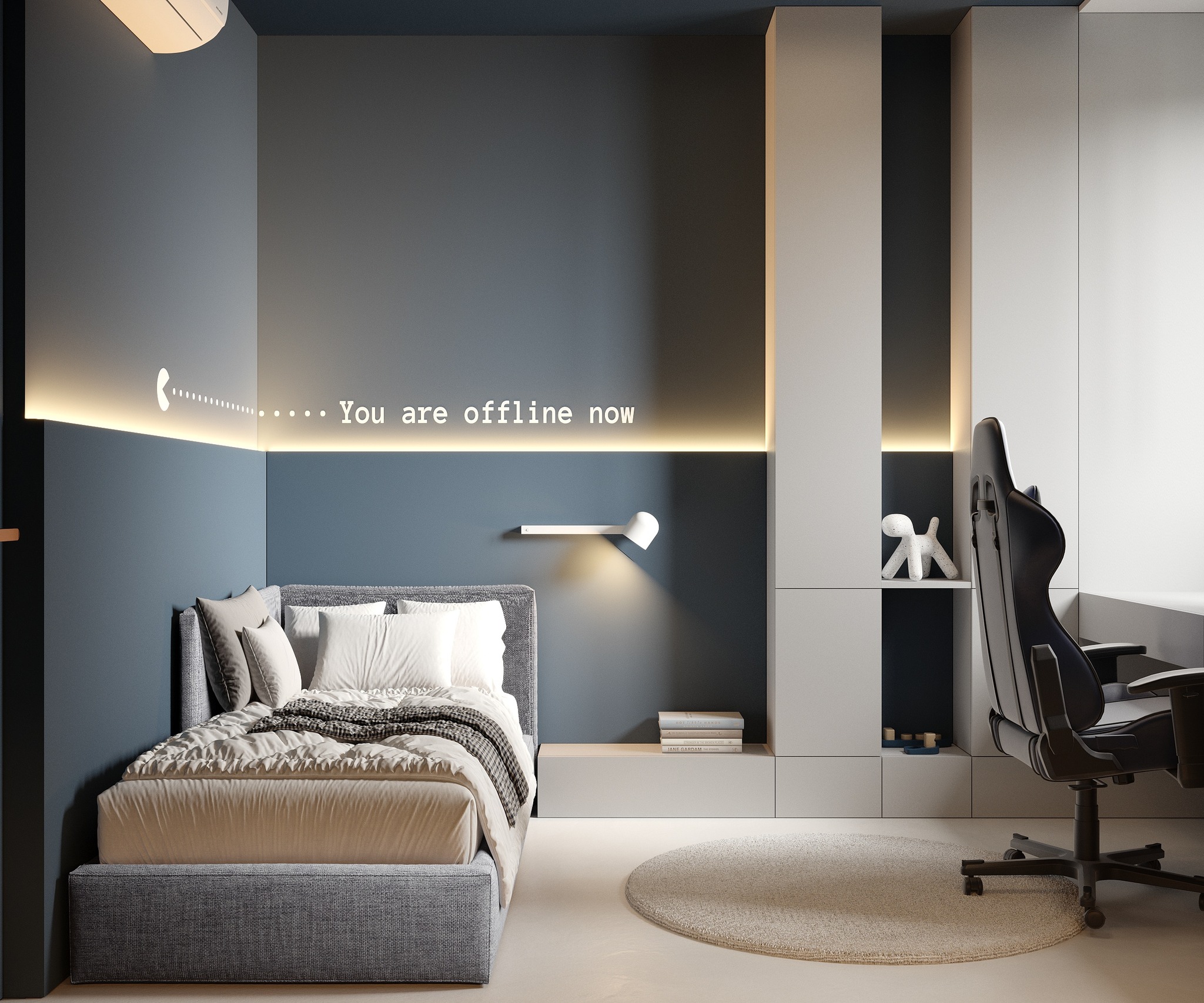 Nowoczesny, ale przytulny.
Ten pokój to przestrzeń, w której technologia spotyka się z harmonią — miejsce do nauki, odpoczynku i kreatywności.
Stonowana paleta szarości i granatu wprowadza spokój, a miękkie oświetlenie LED dodaje futurystycznego charakteru.
Każdy element ma swoje miejsce — ergonomiczne biurko, wygodne łóżko i designerskie detale tworzą atmosferę, w której można się skupić, ale też odłączyć od świata.
Napis „You are offline now” przypomina, że równowaga to też umiejętność bycia tu i teraz. 🖤 Oczywiście naklejki i dekoracje również projektuje Hazel, od początku do końca, dopasowane do każdego klienta i projektu.
#moderninterior #kidsroomdesign #minimalism #calmtech #softlighting #quietluxury #modernliving #interiordesign