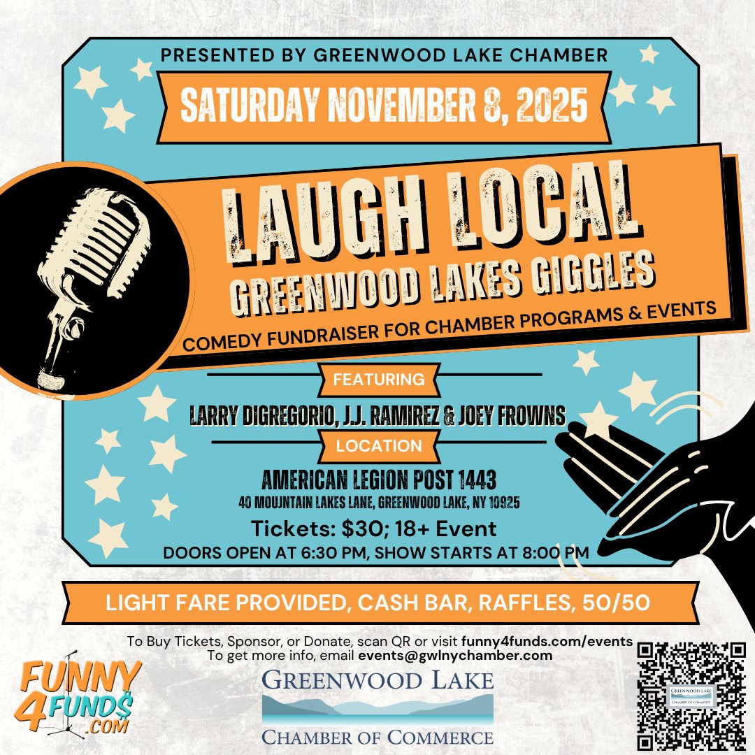 Saturday, November 8th! Support our Chamber neighbors in Greenwood Lake and have some laughs!