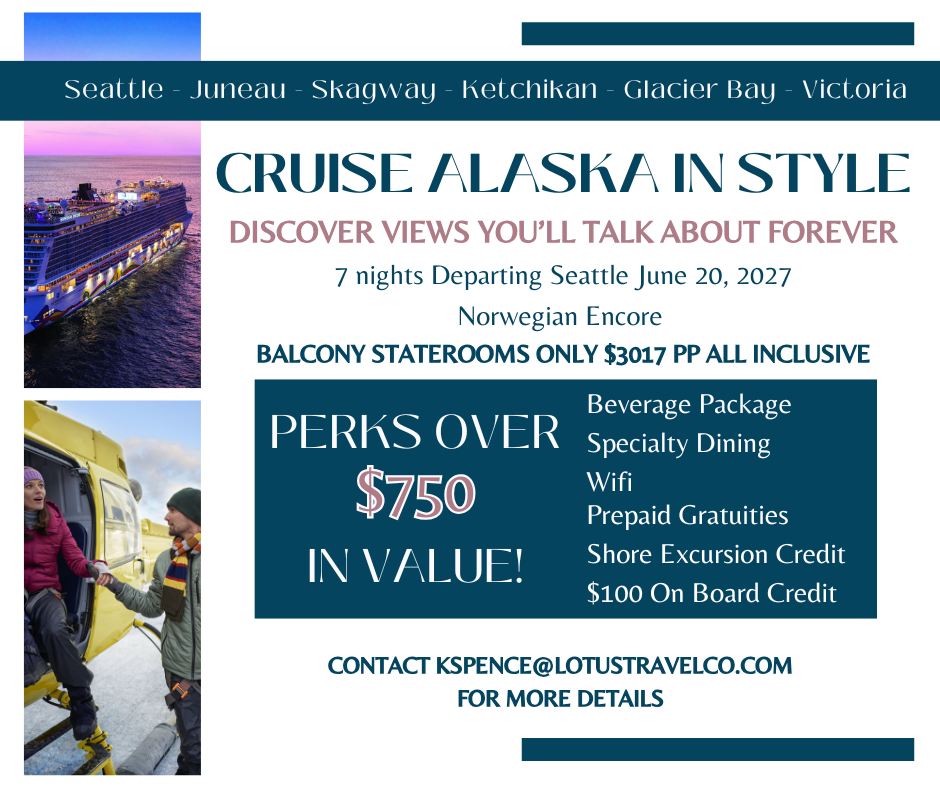 ๐๐ฑ๐ฉ๐๐ซ๐ข๐๐ง๐๐ ๐๐ฅ๐๐ฌ๐ค๐ ๐ฒ๐จ๐ฎ๐ซ ๐ฐ๐๐ฒ ๐จ๐ง ๐ญ๐ก๐ ๐๐จ๐ซ๐ฐ๐๐ ๐ข๐๐ง ๐๐ง๐๐จ๐ซ๐.
Cruise through Glacier Bay National Park, experience the thrill of dogsledding, or take in breathtaking views on a helicopter tour over Juneauโs icy peaks. Every moment brings a new adventure youโll talk about forever.
Book now and take advantage of special group pricing with extra perks - Specialty dining, beverage package, Wi-Fi, and gratuities all included
Cabins are already going fast. Promo ends December 8, 2025.
๐๐ก๐จโ๐ฌ ๐ซ๐๐๐๐ฒ ๐๐จ๐ซ ๐๐ฅ๐๐ฌ๐ค๐?