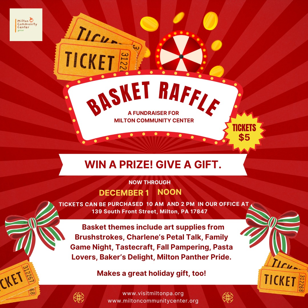 🎁✨ Basket Raffle Alert! ✨🎁
Support the Milton Community Center and win big with our festive Basket Raffle! Tickets are just $5 and available now through *December 1 at noon*.
Buy your tickets between **10 AM and 2 PM** at:
139 South Front Street, Milton, PA 17847 (basement level)
🎉 Basket themes include:
🎨 Art Supplies from Brushstrokes
🌸 Charlene’s Petal Talk
🎲 Family Game Night
🍽️ Tastecraft
🍂 Fall Pampering
🍝 Pasta Lovers
🧁 Baker’s Delight
🐾 Milton Panther Pride
Perfect for holiday gifting—or treating yourself! 🎄
Learn more about www.visitmiltonpa.org or www.miltoncommunitycenter.org
#miltoncommunitycenter