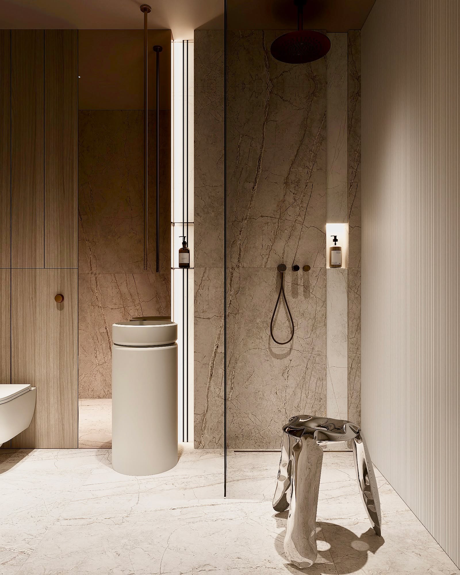 Naturalny kamień, miękkie światło i architektoniczna precyzja — ta łazienka to hołd dla prostoty w najpiękniejszej formie.
Oszczędna paleta barw podkreśla rzeźbiarskie formy umywalek i armatury, tworząc atmosferę luksusu, który nie potrzebuje ozdób.
Każdy materiał został dobrany tak, by współgrać z naturą — delikatne żyły kamienia, satynowe powierzchnie, miękkie światło odbijające się od struktur.
To przestrzeń, w której estetyka spotyka się z ciszą.
Zaprojektowana po to, by każdy poranek zaczynał się jak rytuał spokoju.
Jeśli chcesz również doznać głębokiego relaksu w swoim pokoju kąpielowym napisz na priv. z przyjemnością pomożemy Ci mieszkać tak, być czuła się cudownie każdego dnia swojego życia, otulona spokojem i lekkością.
#quietluxury #hazelhome #bathroomdesign #naturalstone #softminimalism #neutralinterior #luxuryspa #calmspaces