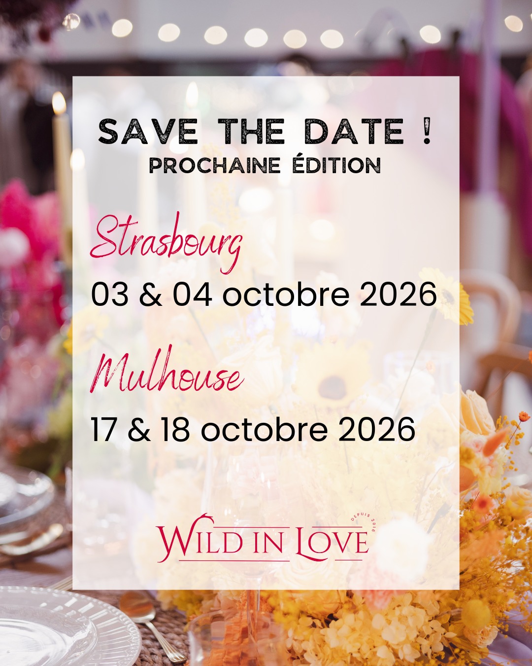 ✨ Save the date — Wild in Love Festival 2026 ✨
Oui, on remet ça ! Après deux éditions pleines d’amour, d’énergie et d’inspiration, le Wild in Love Festival revient en 2026… et croyez-nous, vous n’êtes pas prêts 😏
📍 Strasbourg — 3 & 4 octobre 2026
📍 Mulhouse — 17 & 18 octobre 2026
Deux week-ends pour rencontrer les prestataires les plus créatifs, découvrir des univers uniques et vivre l’expérience Wild in Love à fond 💫
Les lieux, les infos et les inscriptions arrivent début décembre...
Alors restez connectés, gardez l’œil ouvert et préparez-vous à plonger dans une nouvelle édition encore plus audacieuse, inspirante et pleine de belles surprises 💖
Psst... Il paraît même que le salon du mariage le plus inspirant d'Alsace va fêter ses 10 ans 🥳🤫🤭