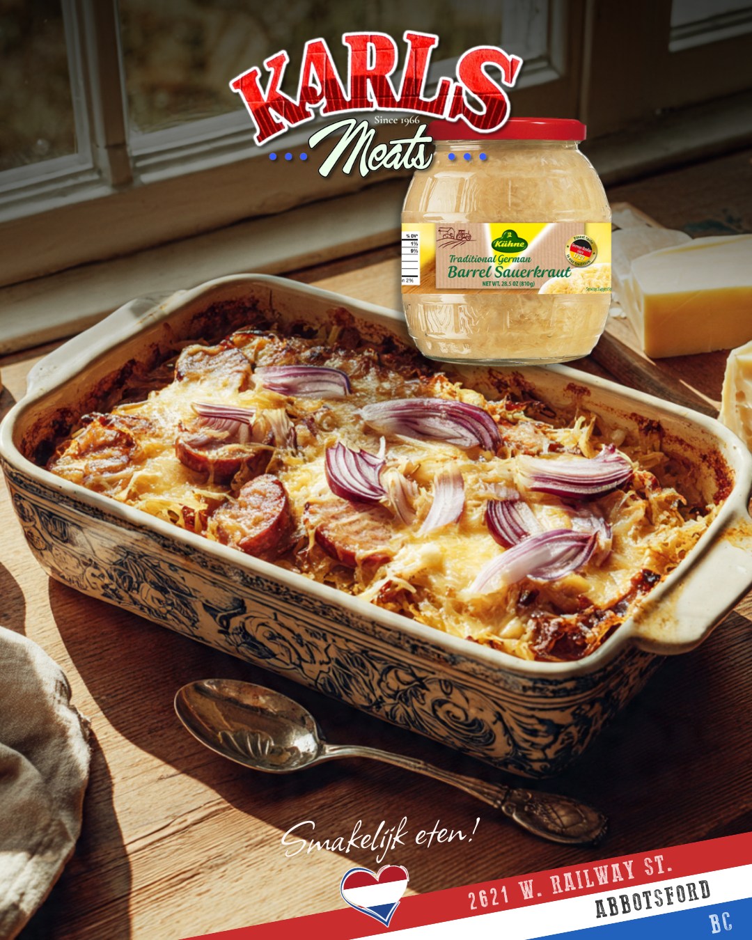 🧀🥬 Comfort Food, Dutch Style 🇳🇱
When the weather turns chilly, nothing warms the heart quite like a cozy plate of Sauerkraut, Rookworst & Melted Gouda — a traditional Dutch combo that’s hearty, smoky, and oh-so satisfying!
✨ The Karl’s Meats Classic:
Layer warm sauerkraut with slices of our smoked rookworst, then top it off with rich, melty Gouda cheese. Pop it in the oven until bubbly and golden. Simple, rustic, and packed with flavour — a true taste of Holland!
🛒 Find all the essentials right here at Karl’s Meats:
• Authentic Rookworst Sausage
• Kühne Sauerkraut
• Creamy Dutch Gouda (whole wheels or sliced!)
A one-pan wonder that’s perfect for cozy November nights.
📍 2621 W. Railway St, Abbotsford
📞 (604) 859-9011
Smakelijk eten! 😋
— The Karl’s Meats Team 💪
#KarlsMeats #DutchHeritage #ComfortFood #Rookworst #Sauerkraut #Gouda #SupportLocal #AbbotsfordEats