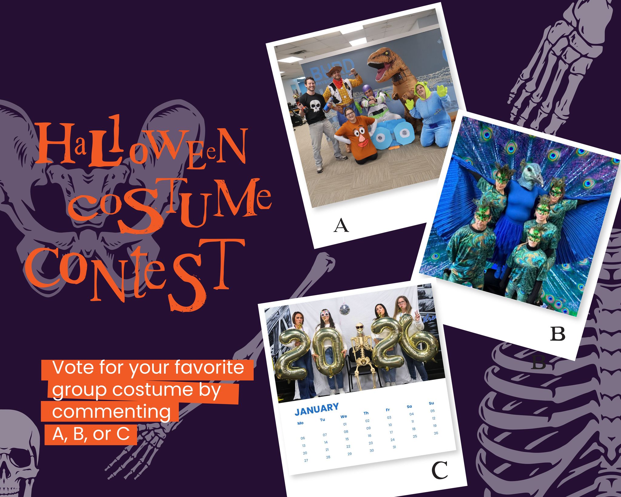 It's that time of the year! Vote for your favorite Halloween group costume. Slide through to see all the pictures and comment A, B, or C to put in your vote.
Happy Halloween! 🎃