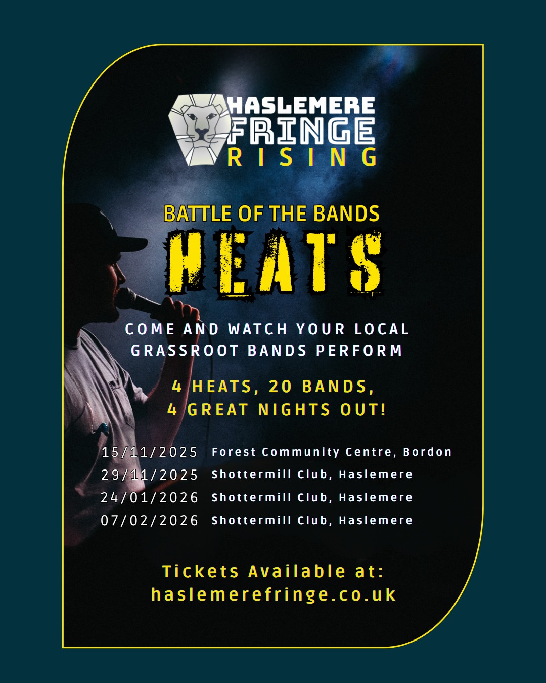 🎸 GET READY... to discover fresh talent and be part of something amazing!
4 Electrifying Heats, 20 Incredible Bands, and 4 Unforgettable Nights out Await!
Tickets to the Haslemere Fringe Rising Battle of the Bands are now available online at haslemerefringe.co.uk for just £5!
👉 15/11 Forest Community Centre, Bordon 6.30pm - 11pm
👉 29/11 Shottermill Club, Haslemere 6.30pm - 11pm
👉 24/01 Shottermill Club, Haslemere 6.30pm - 11pm
👉 07/02 Shottermill Club, Haslemere 6.30pm - 11pm
#haslemerefringefestival #battleofthebands2026 #newmusictalent #haslemerefringe2026 #haslemerecommunity #LiveMusic #surreyevents