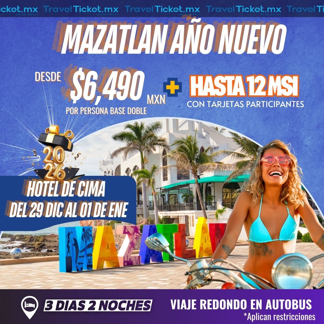 ๐โจ ยกDespide el aรฑo en Mazatlรกn! โจ๐
Recibe el 2026 disfrutando del sol, la playa y la magia del Pacรญfico Mexicano ๐
Viaje Del 29 de dic al 01 de ene
๐ Viaje en autobus comfort
๐จ Hospedaje 2 noches
๐ณ ยกY hasta 12 meses sin intereses!
๐ฅ Vive una fiesta de Fin de Aรฑo inolvidable frente al mar, con buena mรบsica, diversiรณn y momentos que recordarรกs para siempre.
๐ฒ Escrรญbenos por WhatsApp al 81 1658 1188 o visรญtanos en nuestras sucursales para separar tu paquete hoy mismo.
๐ Travel Ticket, tu agencia de viajes de confianza.
๐ ยกHaz tu maleta desde ya!
โก๏ธ ๐๐ฎ๐ฉ๐จ ๐ฅ๐ข๐ฆ๐ข๐ญ๐๐๐จ, ๐ฅ๐๐ฌ ๐ฆ๐๐ฃ๐จ๐ซ๐๐ฌ ๐๐๐๐ก๐๐ฌ ๐ฏ๐ฎ๐๐ฅ๐๐ง ๐ซ๐ฬ๐ฉ๐ข๐๐จ.
๐ฒ Mรกndanos mensaje y aparta tu lugar HOY.
ยฟ๐๐ผฬ๐บ๐ผ ๐ฅ๐ฒ๐๐ฒ๐ฟ๐๐ฎ๐ฟ?
๐ฒEnvรญanos un mensaje de WhatsApp y reserva a distancia https://wa.me/8116581188
๐ฝ๐ฐ๐บ๐ฐ๐ป๐จ๐ด๐ถ๐บ ๐ฌ๐ต ๐ต๐ผ๐ฌ๐บ๐ป๐น๐จ ๐ถ๐ญ๐ฐ๐ช๐ฐ๐ต๐จ๐บ๐๐๐จ๐ง๐ญ๐๐ซ๐ซ๐๐ฒ๐ ๐๐๐ง๐ญ๐ ๐๐๐ญ๐๐ซ๐ข๐ง๐
.
.
โ Consulta tรฉrminos y condiciones โ