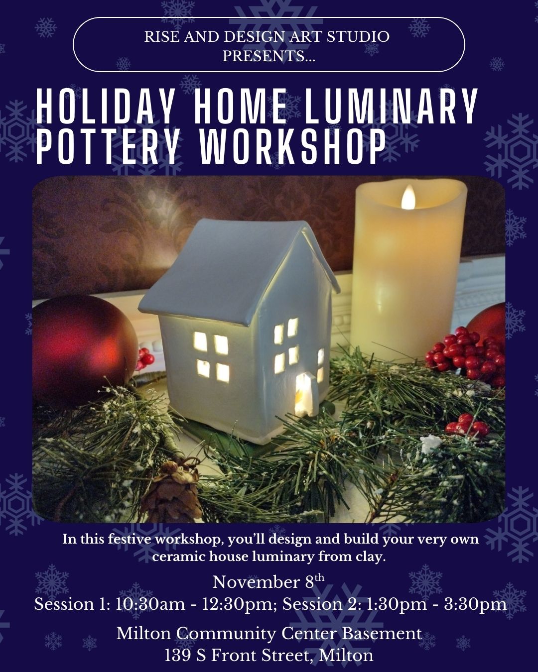 Don't forget! Our Holiday Home Luminary Pottery Workshop is coming up this weekend.
✨ Get festive with clay! Join Rise and Design Art Studio for their Holiday Home Luminary Pottery Workshop on November 8th at the Milton Community Center. Create your own glowing ceramic house in a cozy, hands-on session—perfect for adding warmth to your holiday décor or a thoughtful gift for a loved one.
Sabrina Shankar, the vibrant artist behind Rise and Design Art Studio, is known for her bold colors, funky textures, and joyful designs. Milton Community Center partnered with Rise and Design Art Studio to deliver hands-on art making classes at a reasonable cost to the community.
Two sessions available:
Morning: 10:30am–12:30pm
Afternoon: 1:30pm–3:30pm
Milton Community Center, Basement, 139 S Front Street, Milton
Spots are limited—don’t miss your chance to craft something magical!
Reserve your spot at: https://www.riseanddesignartstudio.com/upcomingevents