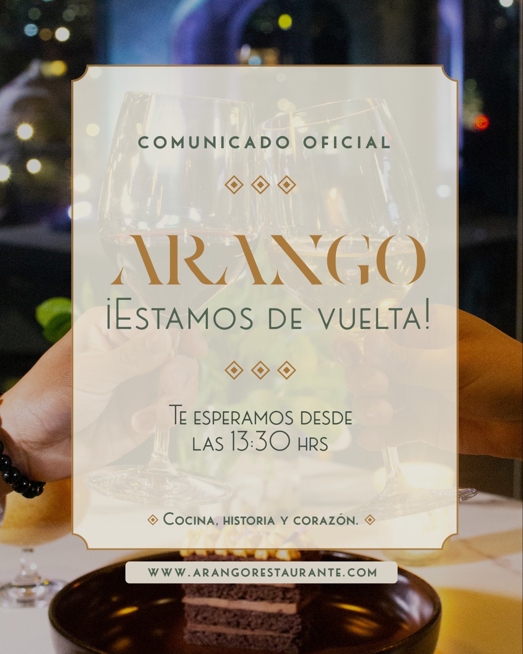 Después de unos días de pausa, Arango vuelve a abrir sus puertas.
Tras el incidente ocurrido en un restaurante vecino, nuestro espacio no sufrió daños y las autoridades han confirmado que todo está en orden para reanudar operaciones.
Gracias por su comprensión y por todo el cariño recibido — nos recuerdan que Arango es más que un restaurante: es una comunidad.
Los esperamos con la misma calidez de siempre.
Reserva en: www.arangorestaurante.com