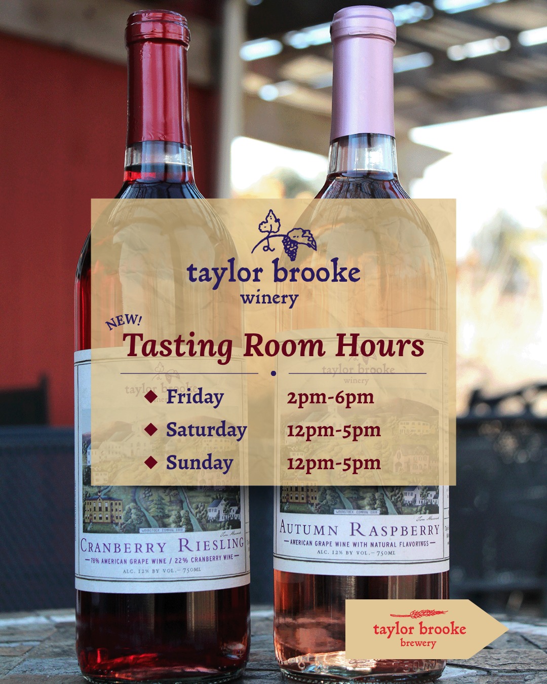 Starting this week Taylor Brooke Winery & Brewery will begin to close at the following times until Spring:
🍷 Winery
Friday: 2pm-6pm
Saturday & Sunday: 12pm-5pm
🍻 Brewery
Thursday: 2pm-7pm
Saturday: 12pm-6:30pm
Sunday: 12pm-5:30pm
#taylorbrookewinery #taylorbrookebrewery #ctbeer #ctwine #ctfarmwinery #taproom #tastingroom #drinklocalcraftbeer #drinklocalwine #quietcornerct #woodstockct #discoverputnam #discovercentralmass #litchfieldcounty #rhodeisland #whiteplainsny #bostonma #springfieldma #worcestermass