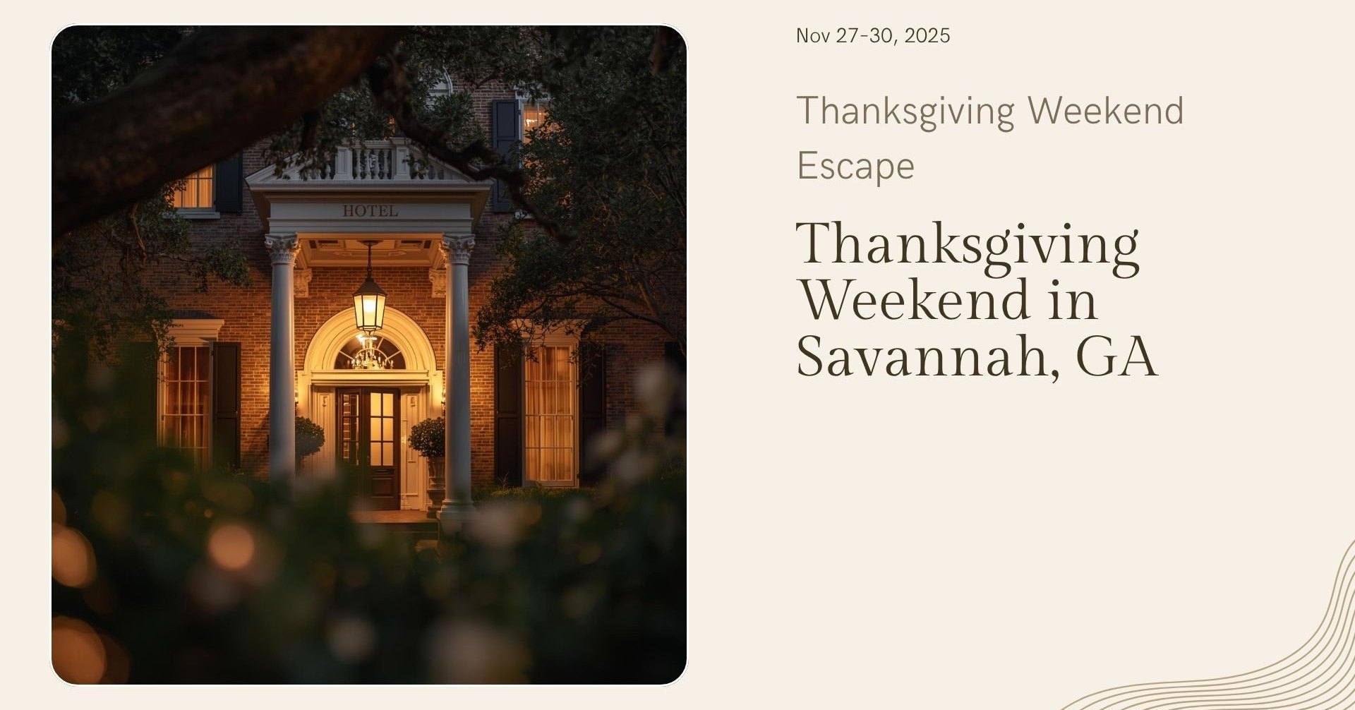 🦃 Thanksgiving Weekend in Savannah, GA (Nov 27–30, 2025)
Cozy, coastal, and culture-rich holiday escape
🛏️ Stay: The Marshall House
Historic boutique hotel in the heart of the Historic District, featuring elegant rooms with fireplaces and clawfoot tubs. Walk to River Street, Forsyth Park, and top restaurants.
🍽️ Thursday – Thanksgiving Day
Start with a peaceful stroll through Forsyth Park. Optional: attend a local Thanksgiving service. Enjoy a festive feast at The Grey (James Beard Award winner) or Elizabeth on 37th for Southern-style dining. In the evening, take a Savannah Riverboat Cruise with live music, then unwind at Artillery Bar with vintage cocktails.
🛍️ Friday – Black Friday & Boutique Hopping
Explore Broughton Street’s shops, antiques, and indie bookstores. Brunch at Collins Quarter (don’t miss the lavender mocha). Visit SCAD Museum of Art or take a carriage ride through the Historic District. Optional ghost tour adds a spooky twist. Dine at The Olde Pink House, a colonial mansion with candlelight and live piano.
🎄 Saturday – Holiday Cheer & Coastal Vibes
Take a morning trip to Tybee Island for beach walks and lighthouse views. Lunch at The Crab Shack by the water. Return for the Holiday Boat Parade of Lights and browse the Christmas Market at Plant Riverside District. End the day with live jazz at Good Times Jazz Bar.
🌅 Sunday – Farewell
Brunch at Collins Quarter at Forsyth. Take a reflective stroll through Bonaventure Cemetery. Before heading out, grab treats from Back in the Day Bakery. #Thanksgiving #vacation #vacations #FallVibes #fall