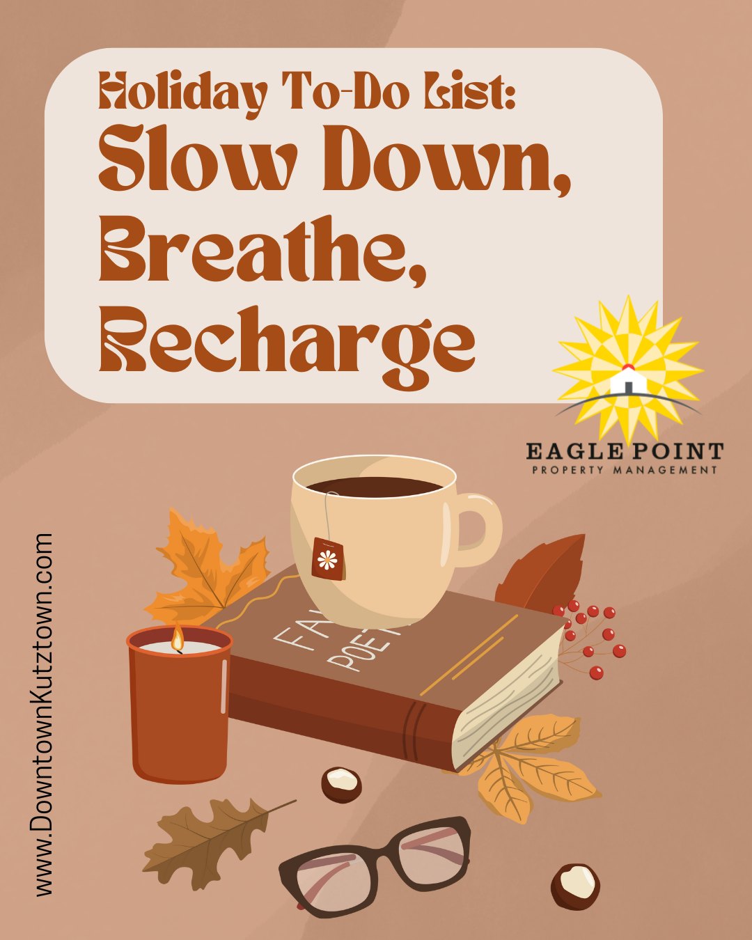 To out residents: We know how hard you're working this semester-and we want to remind you that rest from work is just as important! Use this break to watch your favorite movie, go for a walk, and unplug from all school responsibilities. 🍂🧡 #eaglepoint #downtownkutztown #KU #goldenbears #kutztownuniversity #livehowyouwantto #EPPM #November #Thanksgiving #relaxandrecharge #relax