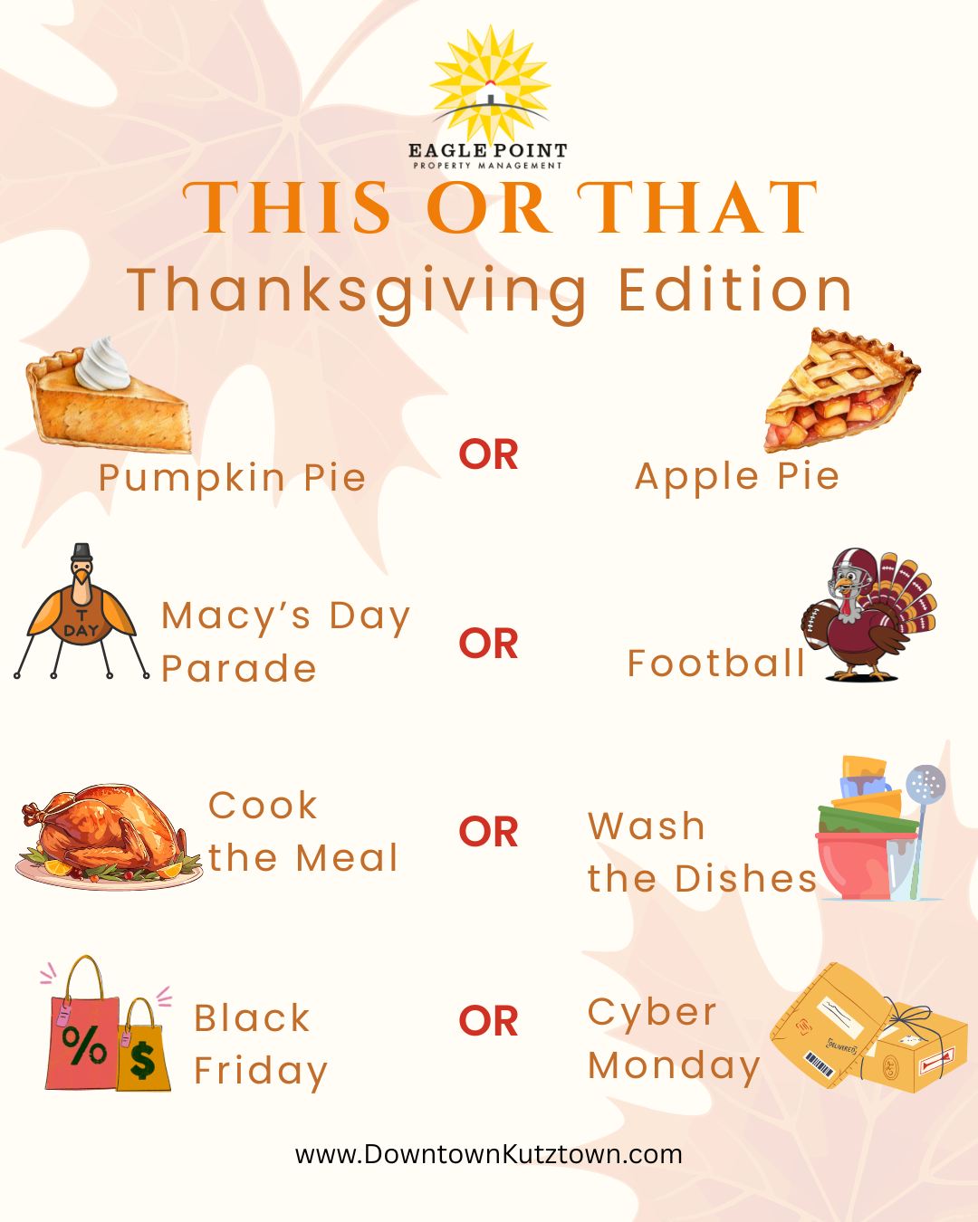 The big debate: Is Thanksgiving dinner better than Christmas dinner?🍗🥧 Let us know your thoughts! #eaglepoint #downtownkutztown #KU #goldenbears #kutztownuniversity #livehowyouwantto #EPPM #November #Thanksgiving