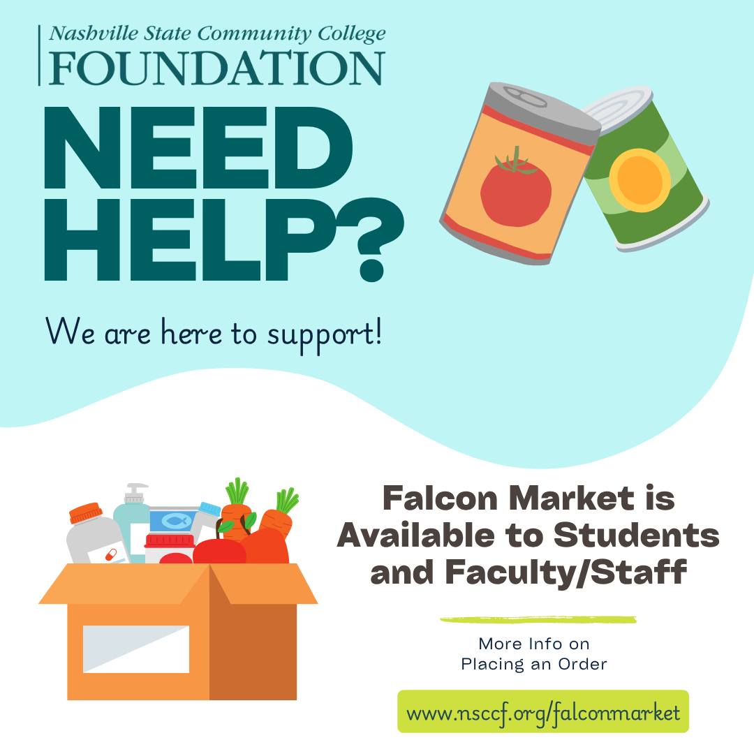 The Falcon Market is here to help! We know this time may be challenging for many, and our campus food pantries are fully stocked and open to all Nashville State students, faculty, and staff who may need extra support. All you need to do is be enrolled and visit our website to place an order for pickup.
If youād like to help, donations are gladly accepted! Visit our website to donate or reach out to sierra.leach@nscc.edu. Links are all in our bio! Together, we can make sure no one in our community goes without!
#NashvilleState #NSCCFoundation #StudentSupport #Food