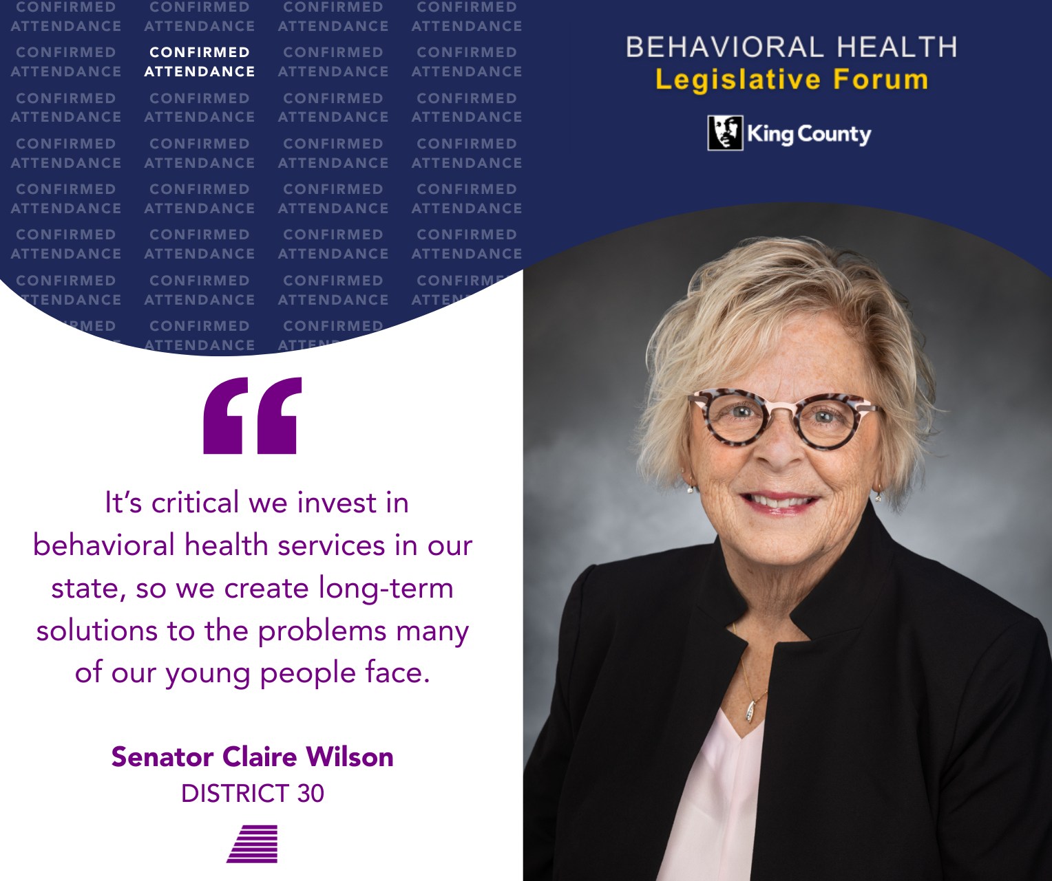 We’re honored to welcome @senclairewilson (LD 30) to this year’s King County Behavioral Health Legislative Forum.
“Early learning, child welfare and juvenile justice are three of my top priorities in the Senate, and behavioral health intersects and weaves between all those policy areas. As chair of the Human Services Committee, I have seen firsthand how behavioral health care for children, youth and families serves as a tool for early intervention and can divert those with behavioral health issues away from harmful pathways. Behavioral health services also help justice-involved youth with reentry and in turn reduces recidivism. It’s critical we invest in behavioral health services in our state, so we create long-term solutions to the problems many of our young people face.”
Join us Tuesday, November 18 at the Hilton Seattle Airport for an evening of conversation and connection among mental health and substance use recovery communities, lawmakers, providers, and King County leaders.
Recovery in Action Pre-Event: 4:30–6:00 PM
King County Behavioral Health Legislative Forum: 6:00–9:00 PM
Location: Hilton Seattle Airport & Conference Center
Free and open to all.
kingcounty.gov/forum-registration
#KCBehavioralHealthForum #RecoveryInAction #RecoveryIsAction #RIA25