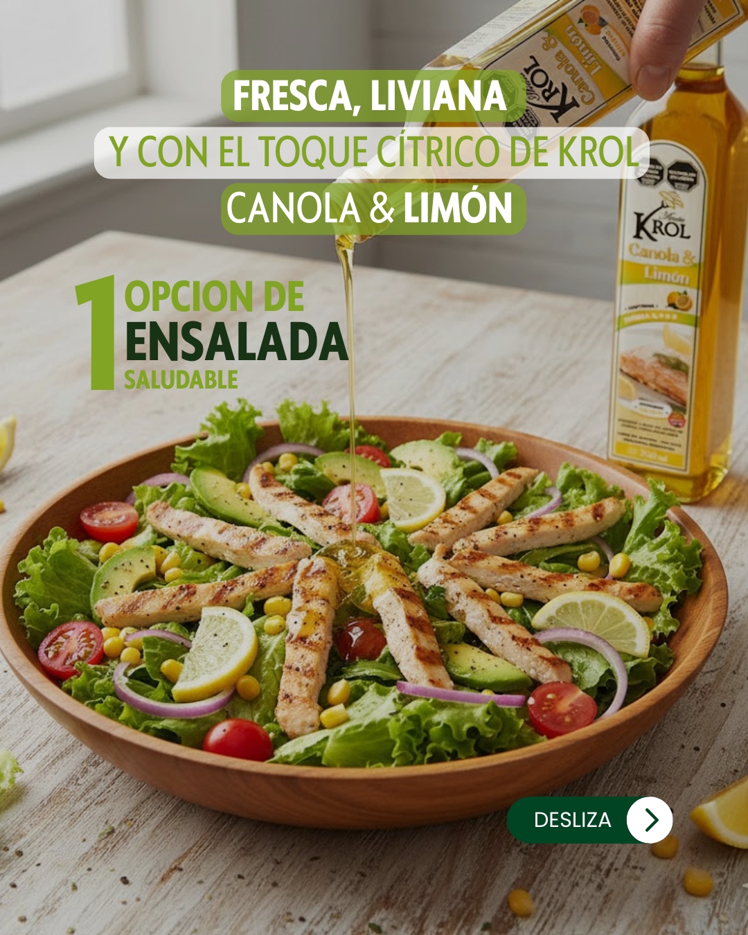 🥗 Una ensalada que respira primavera 💛
El toque cítrico del Aceite de Canola KROL & Limón potencia los sabores naturales y aporta Omega 3, 6 y 9 🌿
Simple, ligera y deliciosa — como todo lo que se cocina con KROL.
#CocinaConKROL #AceiteNatural #PrimaveraSaludable #Omega369