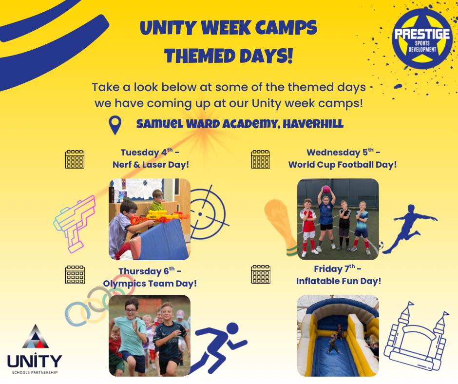 ๐จUNITY WEEK THEMED DAYS!๐จ
Unity parents, take a look below at some of the exciting themed days we have coming up for the rest of this week! โฝ๏ธ ๐โโ๏ธ๐
All of our amazing other activities will still be running alongside the themed days, so thereโs the opportunity for double the fun! ๐จ ๐๐ฅ
Make sure to book on using the link below so you donโt miss out on all the fun we have planned! โฌ๏ธ ๐
https://www.prestigesportsdevelopment.com/make-a-booking
If you have any problems donโt hesitate to contact us using the methods below!โฌ๏ธ๐ต
๐ - 07494 002352
๐ง - bookings@prestigesportsdevelopment.co.uk
