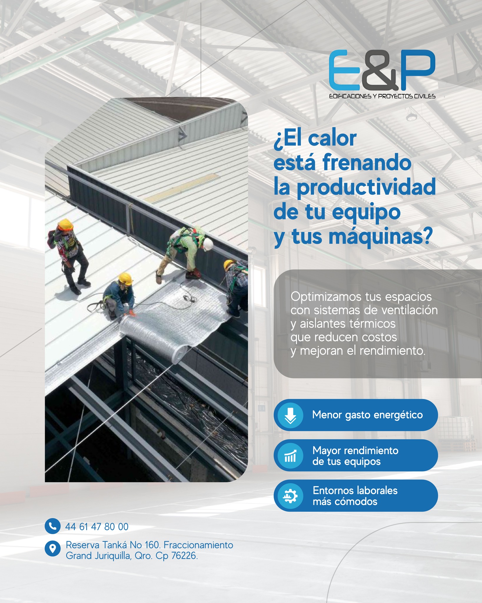 ¿El calor afecta el rendimiento de tu personal y tus equipos? ☀️
En E&P Edificaciones y Proyectos Civiles optimizamos tus espacios con sistemas de ventilación y aislantes térmicos que reducen costos y mejoran la productividad.
✅ Menor gasto energético
✅ Mayor rendimiento de tus equipos
✅ Entornos laborales más c