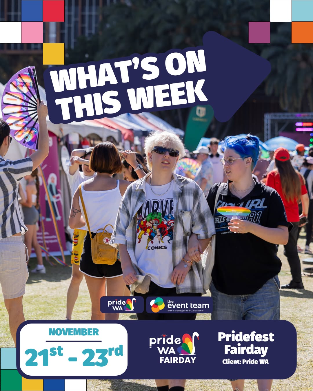 What’s on this week! 🌈
We’re closing out the event season with one of the biggest celebrations of the year — Pride WA’s PrideFEST!
We’re proud to be part of the action once again, supporting both Fairday and Club Day from 21–23 November.
Two of the most vibrant, joy-filled days on the calendar — we can’t wait! 💥
Client: @pride_wa
