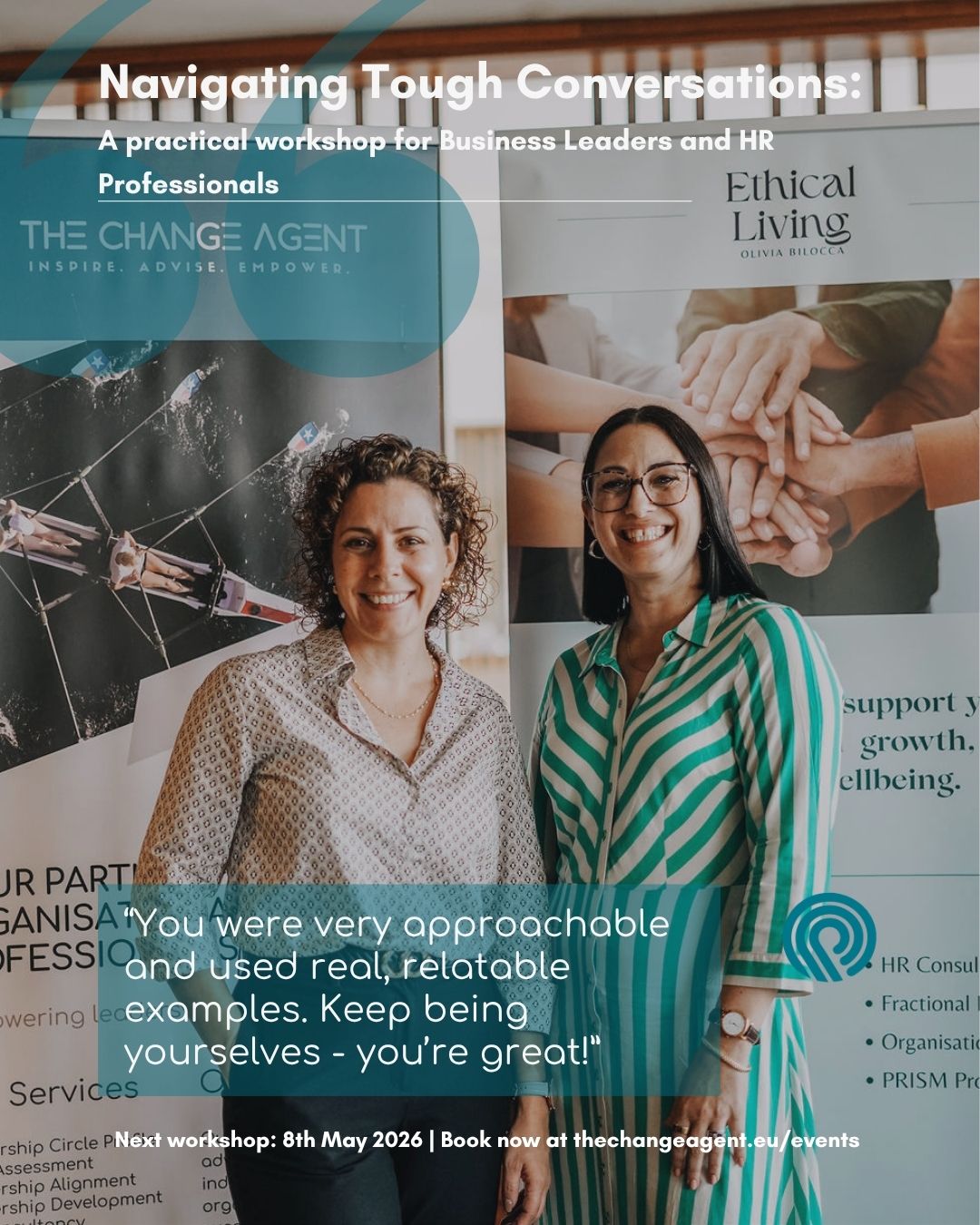 After welcoming over 40 participants to the last three sessions of our Navigating Tough Conversations workshops, we’re humbled by the incredible feedback - with a 9.3/10 Net Promoter Score from attendees 💙
Participants described the sessions as “approachable,” “engaging,” and “packed with practical, relatable insights.”
It’s been our privilege to guide leaders and professionals as they build confidence, empathy, and skill in the conversations that matter most.
Our next workshop with Dr Elaine Dutton (@thechangeagent_malta) and @ethical_living_mt takes place on 8th May 2026 - and we can’t wait to continue the journey.
🔗 Learn more or book your spot: www.thechangeagent.eu/events
#LeadershipDevelopment #Communication #Coaching #Workshops #TheChangeAgent #NavigatingToughConversations