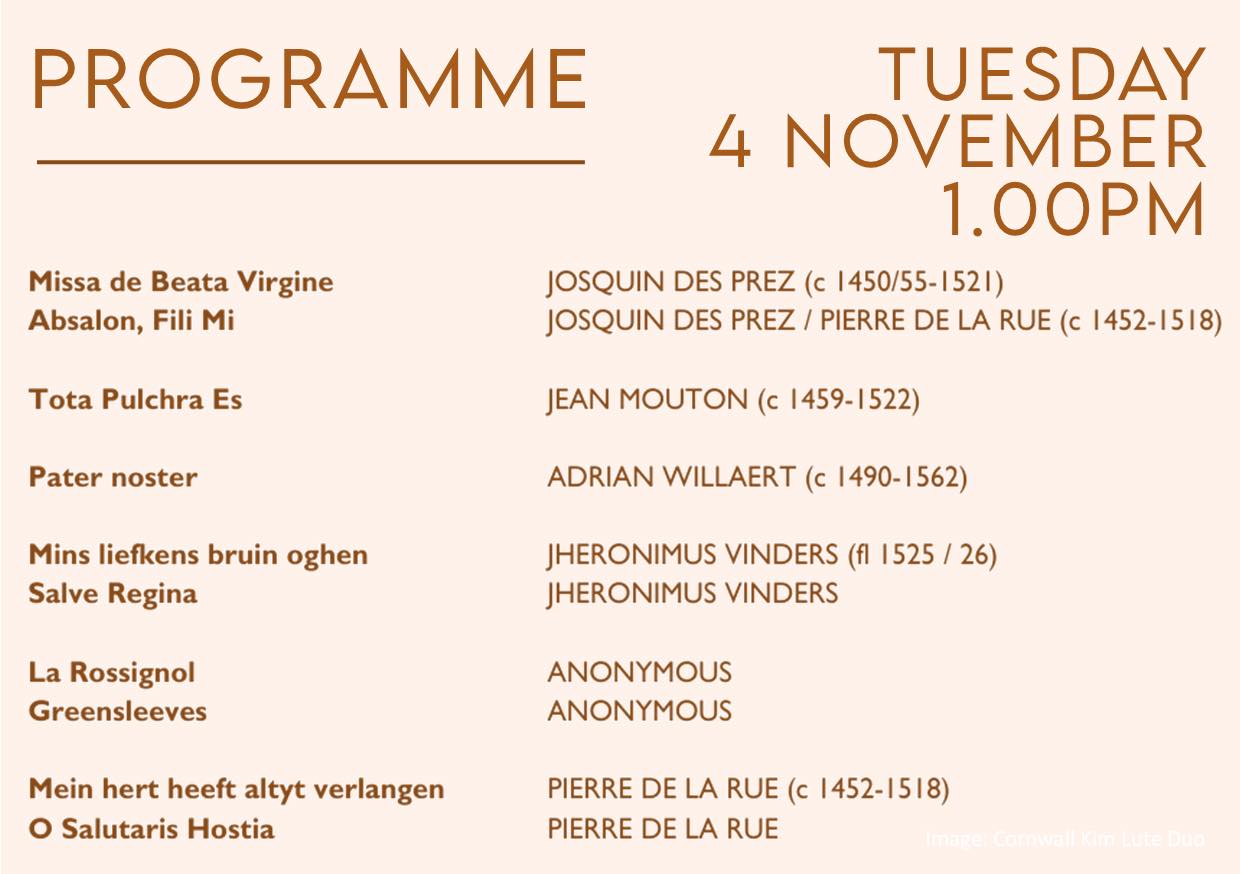 As promised: tomorrow’s Tuesday lunchtime recital programme! We welcome a return visit to St Paul’s Church by the Cornwall Kim Lute Duo. This free recital will begin at 1.00pm and last around an hour. All welcome! Retiring collection, suggested minimum £5.
