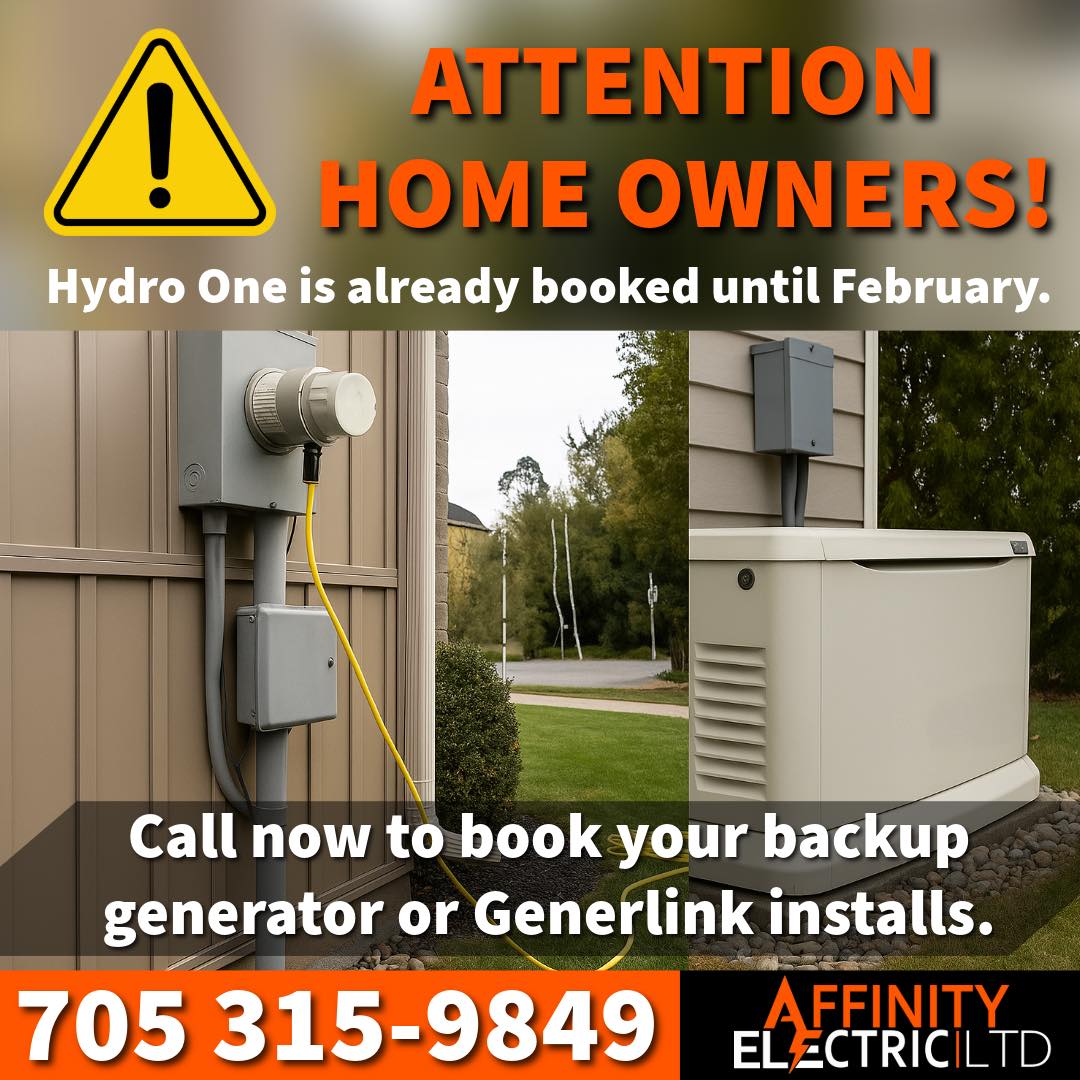 📢 ATTENTION HOMEOWNERS!
⚠️ Hydro One is booking out until FEBRUARY!
If you’re thinking about getting a GenerLink or standby generator installed for backup power this winter… don’t wait. ❄️
✅ Beat the rush
✅ Get peace of mind before the next storm
✅ Professional installation by licensed electricians
📅 Book your install with Affinity Electric Ltd. now before you’re left in the dark!
📞 Call or message to reserve your spot!
#WinterReady #BackupPower #GenerLink #StandbyGenerator #PowerOutagePrep #HydroOne #BarrieElectrician #AffinityElectric #StormSeason #ElectricalContractor #EmergencyPower