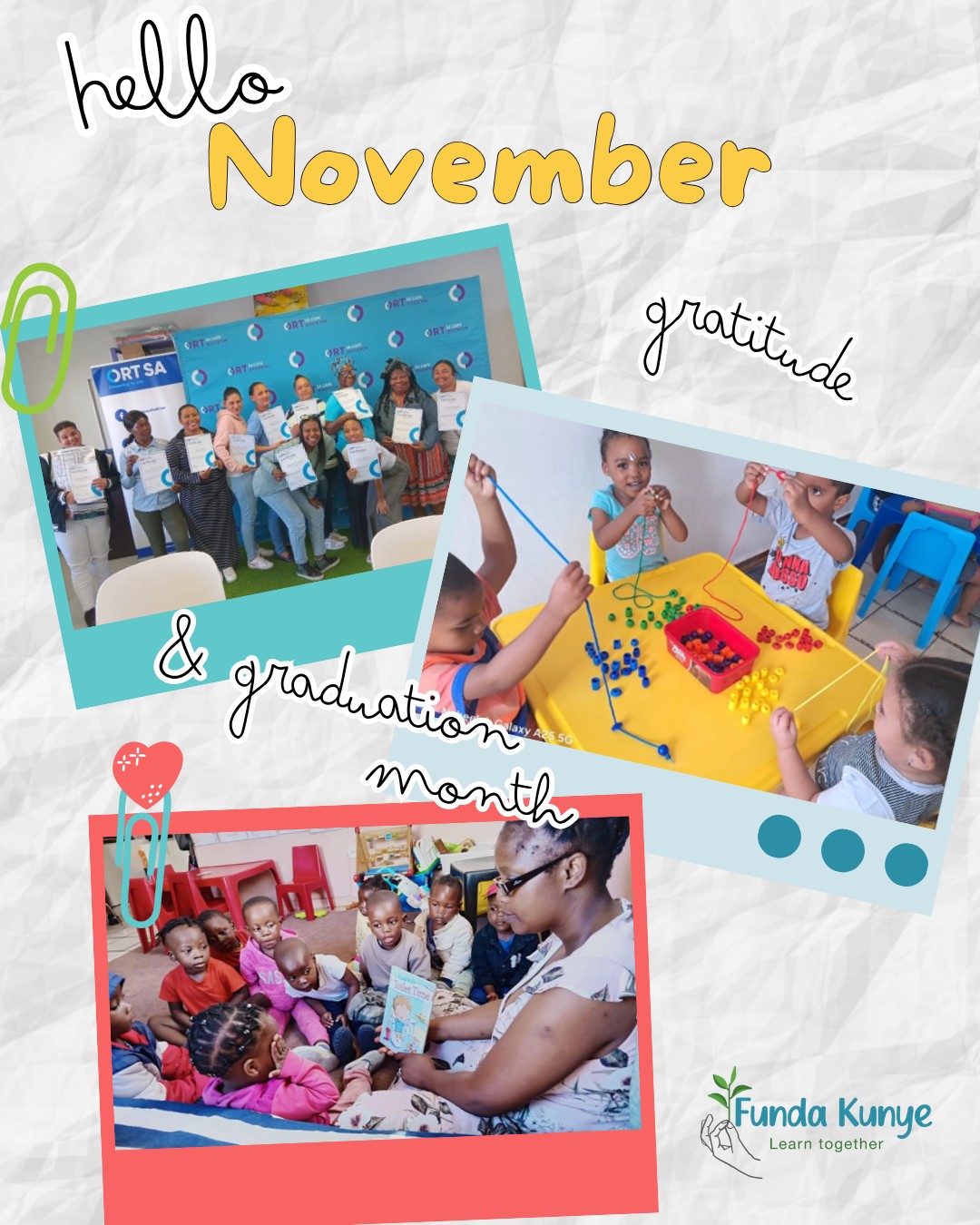 🎓 Graduation & Gratitude 🌟
November is Graduation and Gratitude Month at Funda Kunye —
a time to celebrate the growth and achievements of our little learners and the incredible ECD practitioners who’ve supported them as well as gratitude to our sponsors and donors whose generosity makes this journey possible.
Your support helps us provide quality early learning, resources, and training that truly change lives.
Thank you for being part of the Funda Kunye story — together, we’re building brighter futures!
#FundaKunye #GraduationMonth #Gratitude #EarlyLearningMatters #ELP #TrainSupportEquipConnect #ThankYouSponsors #ECDCelebration