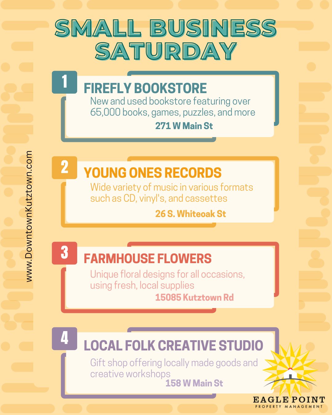 Living off-campus means living in a community—let’s support the small businesses that make it feel like home. 🏡 #SupportLocal #eaglepoint #downtownkutztown #KU #goldenbears #kutztownuniversity #livehowyouwantto #EPPM #November #SmallBusinessSaturday #SmallBusinesses