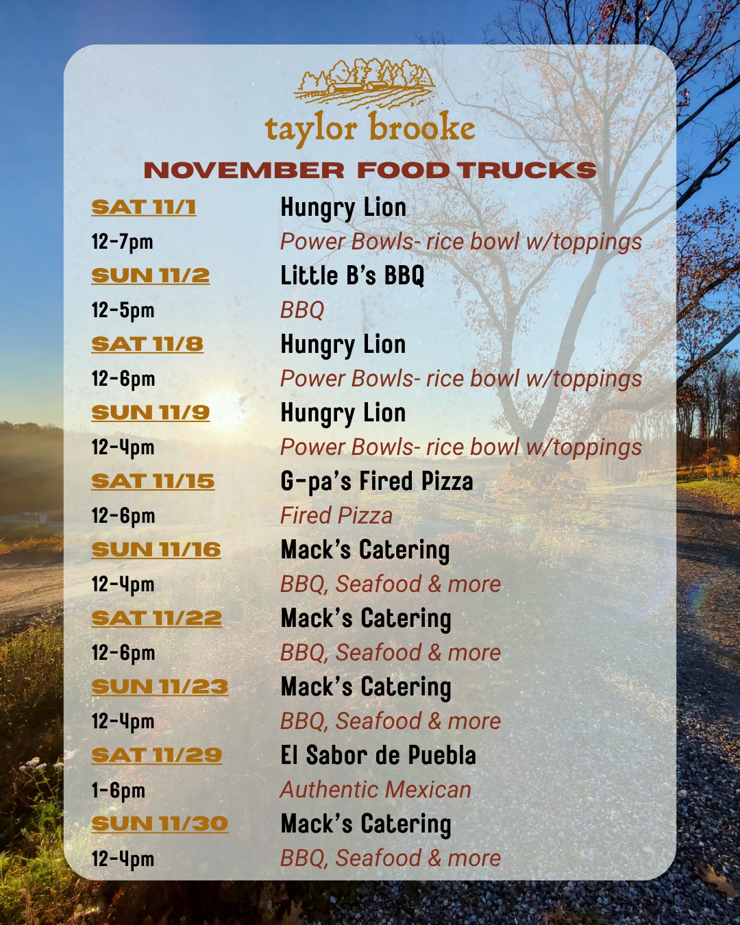 🍴 Food Trucks in November 🍴
#taylorbrookebrewery #taylorbrookewinery #foodtrailer #taylorbrookeexperience #drinklocalwine #ctwine #drinklocalcraftbeer #ctbeer #quietcornerct #woodstockct #discoverputnam #discovercentralmass #connecticutfoodie #rhodyeats #westerchesternyeats #bostonbloggers #igworcesterma #springfieldmass