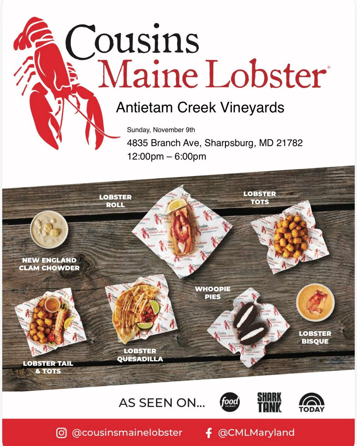 For one last time this season, Cousins Maine Lobster will be back serving up their delicious lobster creations this Sunday November 9th. Come enjoy some wine, music, and of course lobster! Can’t stay and hang out?
No worries, you can order your lobster and bottle of wine to go with you.
Music starts at 2pm by Paul Minnich Music