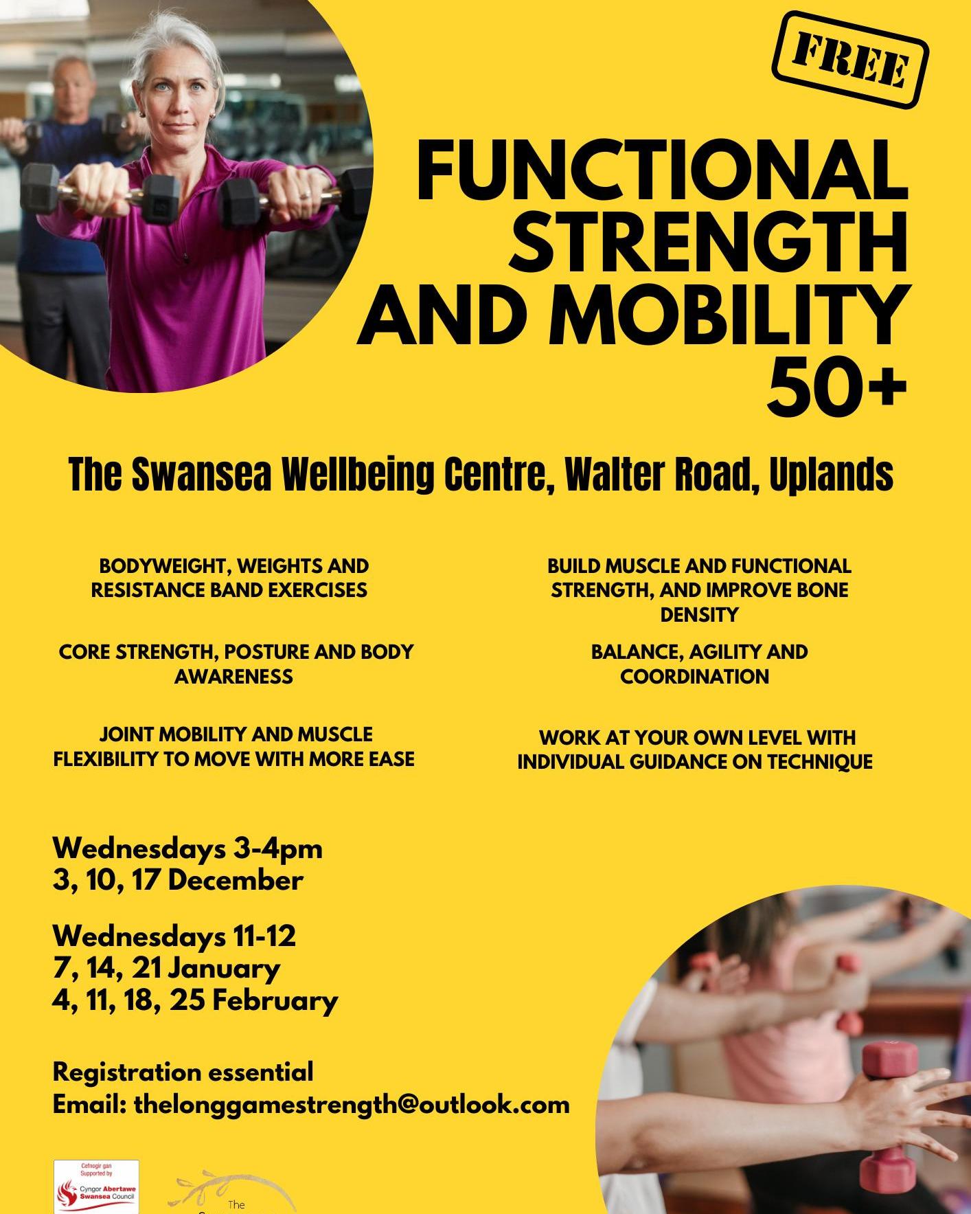 Free Strength & Mobility Classes for 50+
Wednesdays 3-4pm
3, 10, 17 December
Wednesdays 11-12
7, 14, 21 January
4, 11, 18, 25 February
Join us for Functional Strength & Mobility sessions designed specifically for over 50s. Improve your strength, posture, balance, and flexibility in a supportive environment.
Suitable for all levels – includes bodyweight, weights & resistance band exercises. Registration essential – contact Anna 07736 315 853 or email thelonggamestrength@outlook.com
#hereforyouthiswinter
