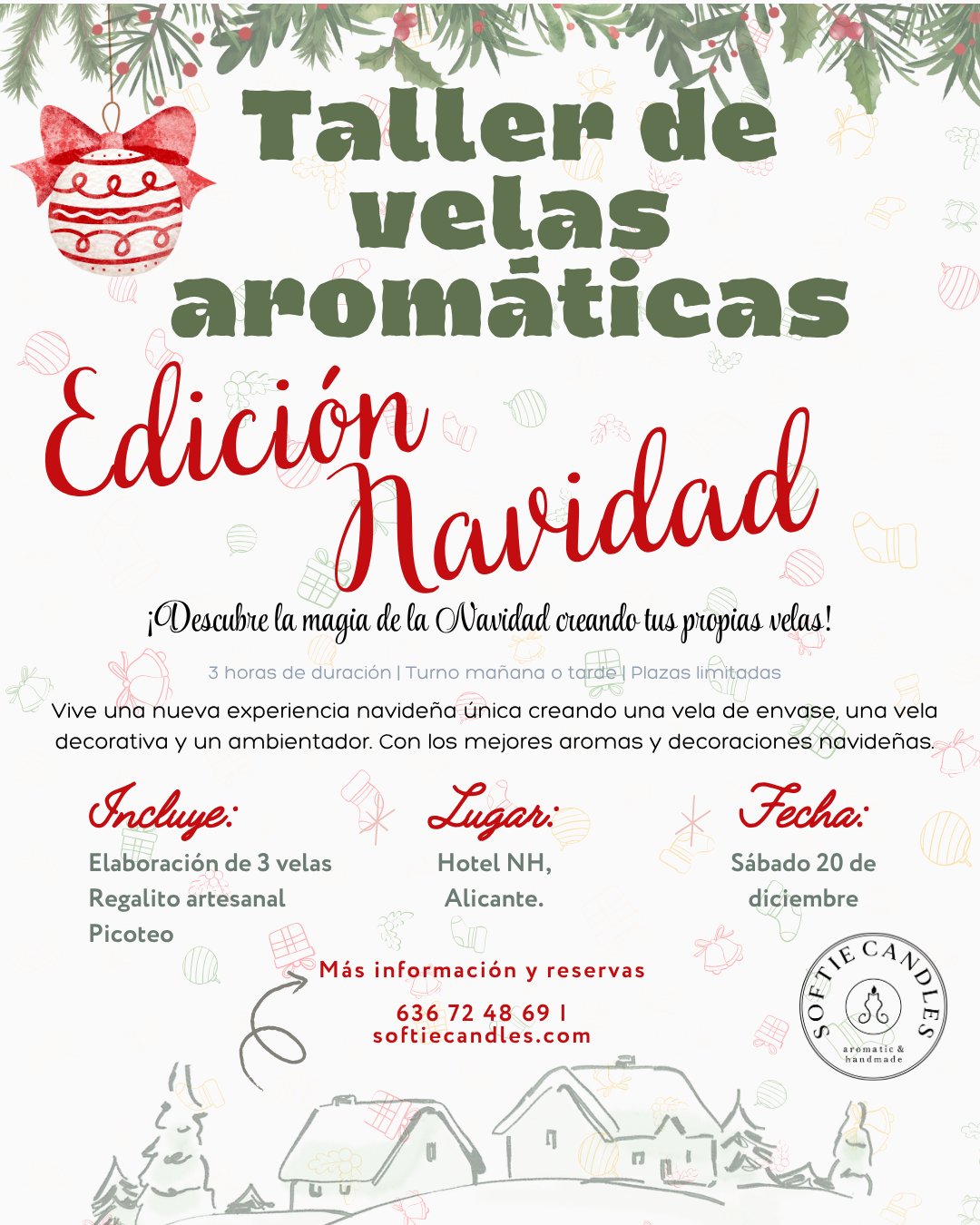 🎁✨ La Navidad se huele, se siente… ¡y también se crea!
El sábado 20 de diciembre te esperamos en Alicante con nuestro 🕯️ Taller de Velas Aromáticas: Especial Navidad, una experiencia única para crear con tus propias manos la magia de esta época del año.
Elaborarás una vela de envase, una vela decorativa navideña y un ambientador sólido en forma de copo de nieve ❄️
Aromas cálidos, decoraciones naturales y mucha inspiración navideña 🌿
💌 Incluye todos los materiales 100% naturales, utensilios, picoteo 🥐 y regalo sorpresa 🎁
📅 Sábado 20 de diciembre (Turno de mañana o tarde)
📍 Hotel NH, Alicante
💸 50€ por persona
Plazas limitadas — ¡reserva la tuya y ven a vivir la experiencia más acogedora del invierno! 💫
#tallerdevelas #velasaromaticas #softiecandles #alicante #tallerartesanal #navidadcreativa #hechoamano #velasnavidad #plancreativo