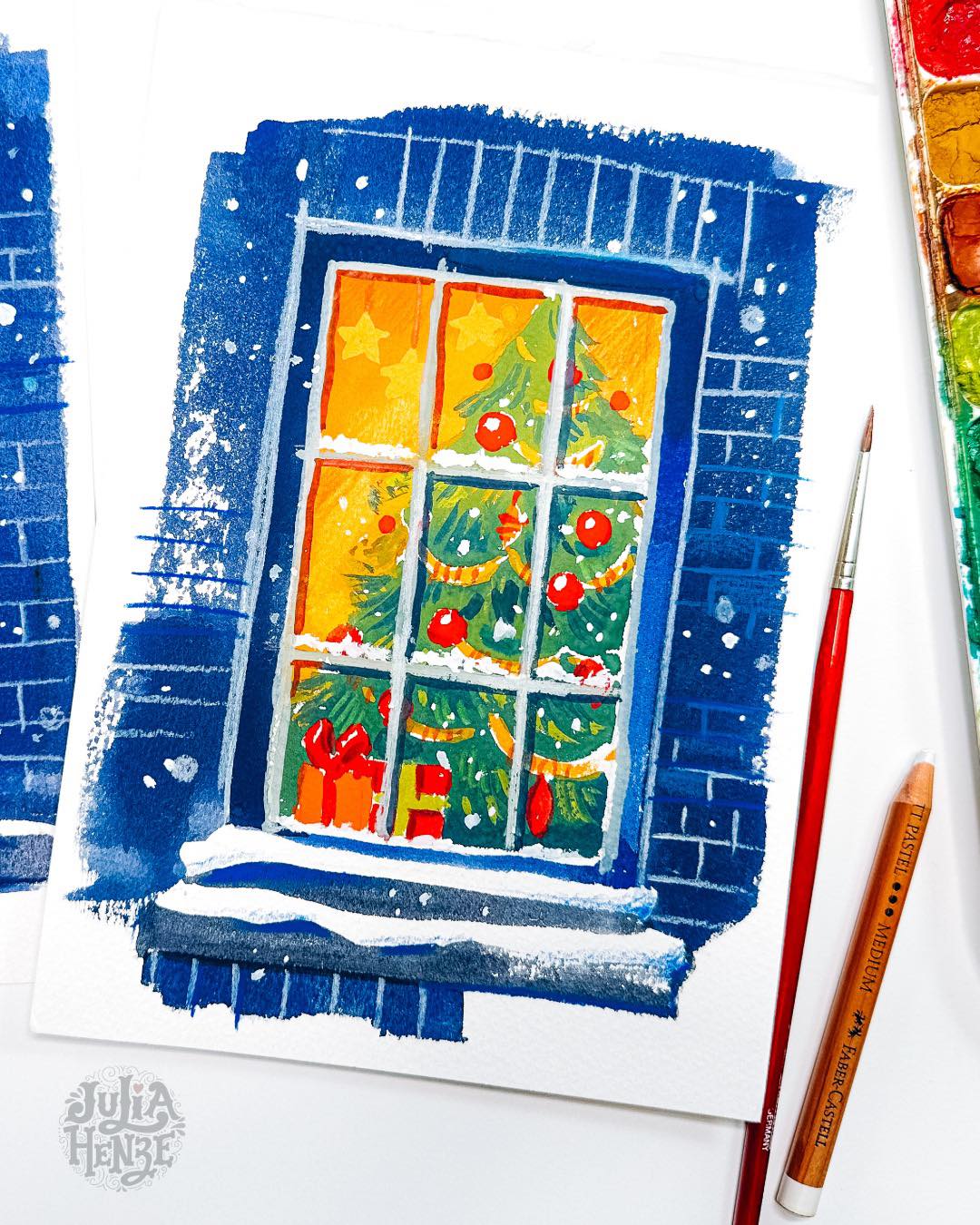 “Kling,” said two silver Christmas ornaments as I gently unwrapped them from their soft, rustling paper. That subtle crinkle, the shy little tap of glass against glass… it sounded like a memory quietly waking up.
The room was still… that special kind of December stillness that feels like time is holding its breath. Only the clock repeated the rhythm softly: tick-tock, tick-tock.
I pressed the remote and let the soft piano and mellow tones of my Cozy Winter Vibes playlist fill the room… calm, slow, just right for this quiet afternoon.
A candle crackled gently on the table. The pine branches sighed each time I placed a new ornament. Even the lights seemed to hum as I switched them on. Every sound felt like part of a quiet, cozy symphony of the season settling in.
Just when everything felt complete, there was one more sound: a soft, contented purr. Mickey, curled up inside the ornament box. Approving.
And just like that… Christmas is coming 🎄☺️
#christmasillustration #gouachepainting #gouacheillustration #winterpainting #cozyart #holidayillustration #festiveart #christmasartwork #urbanillustrators #illustrationpractice #painteveryday #watermediaartists #creativeprocessart #gouacheartists #artjournalpage #illustratorsoninstagram #juliahenze #bravebrushes #sketchingclub