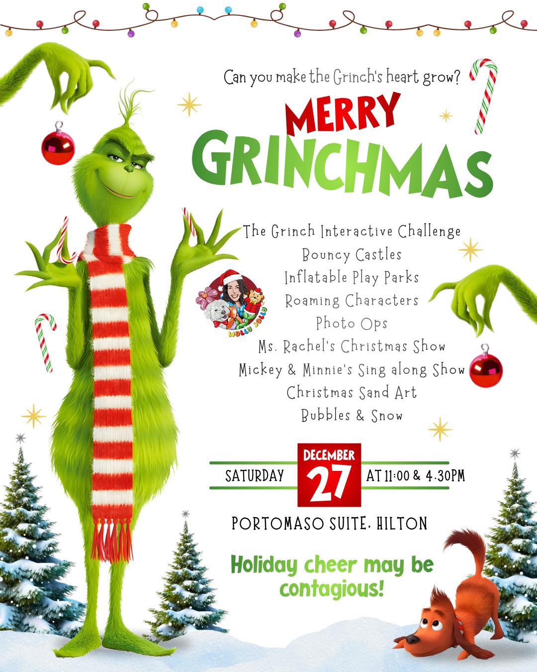 Step into Whoville for an all-new Merry Grinchmas at the Portomaso Suite, Hilton Malta on 27 December (11:00 & 16:30). Dive into the Grinchโs Garbage Pit to rescue stolen decorations, race the Heart-O-Meter to 100%, and unlock a magical Grinch revealโhosted by Mayor MayWho. Sing and sway with Ms Rachelโs Christmas show (feat. Herbie) and a cosy Mickey & Minnie sing-along, then roam a wonderland of glowing inflatables, bouncy castles, play parks, bubbles, snow, surprise character visits and instant photo moments the whole family will love ๐
Tickets are now available online on:
www.wallyjolly.com/grinchmas