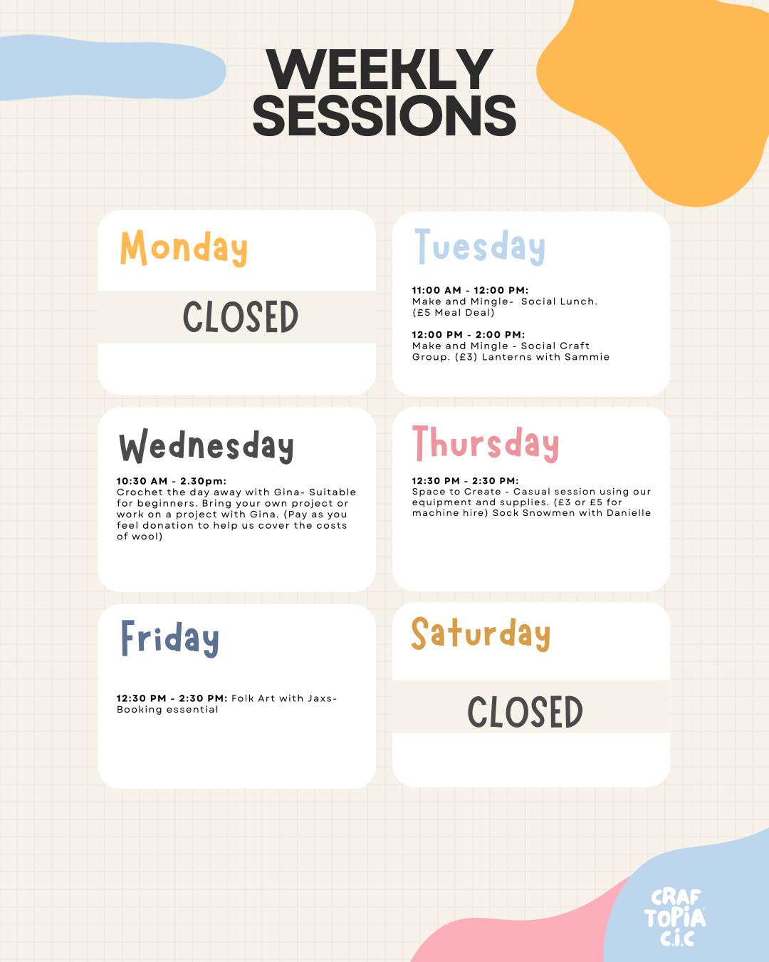 ✨✨✨ WEEKLY SESSIONS ✨✨✨
Every Sunday, we’ll post an updated timetable. ⏰ Each day will have what’s on that week.
Please like, share & follow for updates. We can’t wait to see you all this week coming. 💖
Sammie x