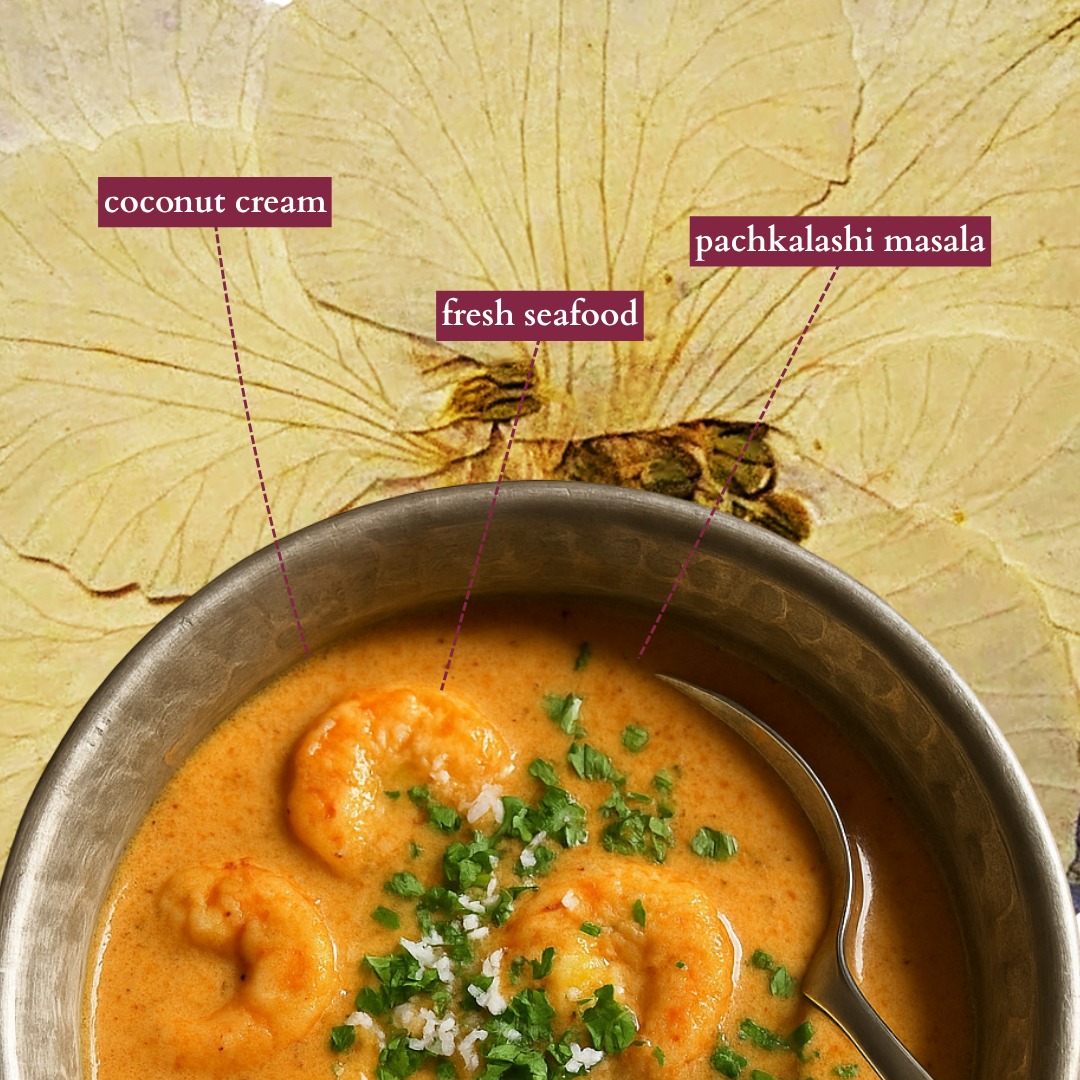 Our tikhat malai curry is built on balance.
It begins with the day’s fresh catch—usually pomfret or prawn—cooked in a bold, spicy Pachkalashi masala. The heat is upfront, the flavour unmistakable.
And then comes the coconut milk. Creamy. Thick. Stirred in just enough to soften the edge of the masala without dimming its fire. It gives the curry body, richness, and a quiet calm beneath all that intensity.
This is the kind of curry that makes you reach for another helping of rice.
Not because you're still hungry, but because it’s that good.
#maharashtrianfood #alibaug #PaisleyExperience