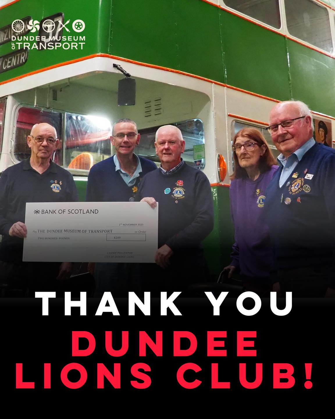 ❤️🙌 A HUGE THANK YOU to the Dundee Lions Club, who have generously donated £200 towards our forthcoming Tram exhibition
Though small in number, the Lions Club has made a big difference – their contribution helps us celebrate Dundee’s tram heritage and bring the story of our city’s transport to life.
Formed in 1981, the club has spent over 40 years supporting local causes, from Maggie’s Centre and Cancer Research to community fun days and festive raffles.
It’s heartwarming to see community groups like the Lions Club supporting our work as we continue to collect stories ahead of our move to Maryfield Tram Depot.
If you have memories or items related to Dundee’s trams, please get in touch with Hannah at hcrookes@dmoft.co.uk – we’d love to hear from you!
If you’d like to make a difference in your own community, consider joining the Lions Club.
They currently meet at the Strathmore Community Building in Coupar Angus, and new members are always welcome.
Contact Brian Campbell (briancampbell3@aol.com) or Carnie Fullerton (carnie@carniefullerton.plus.com) for details.