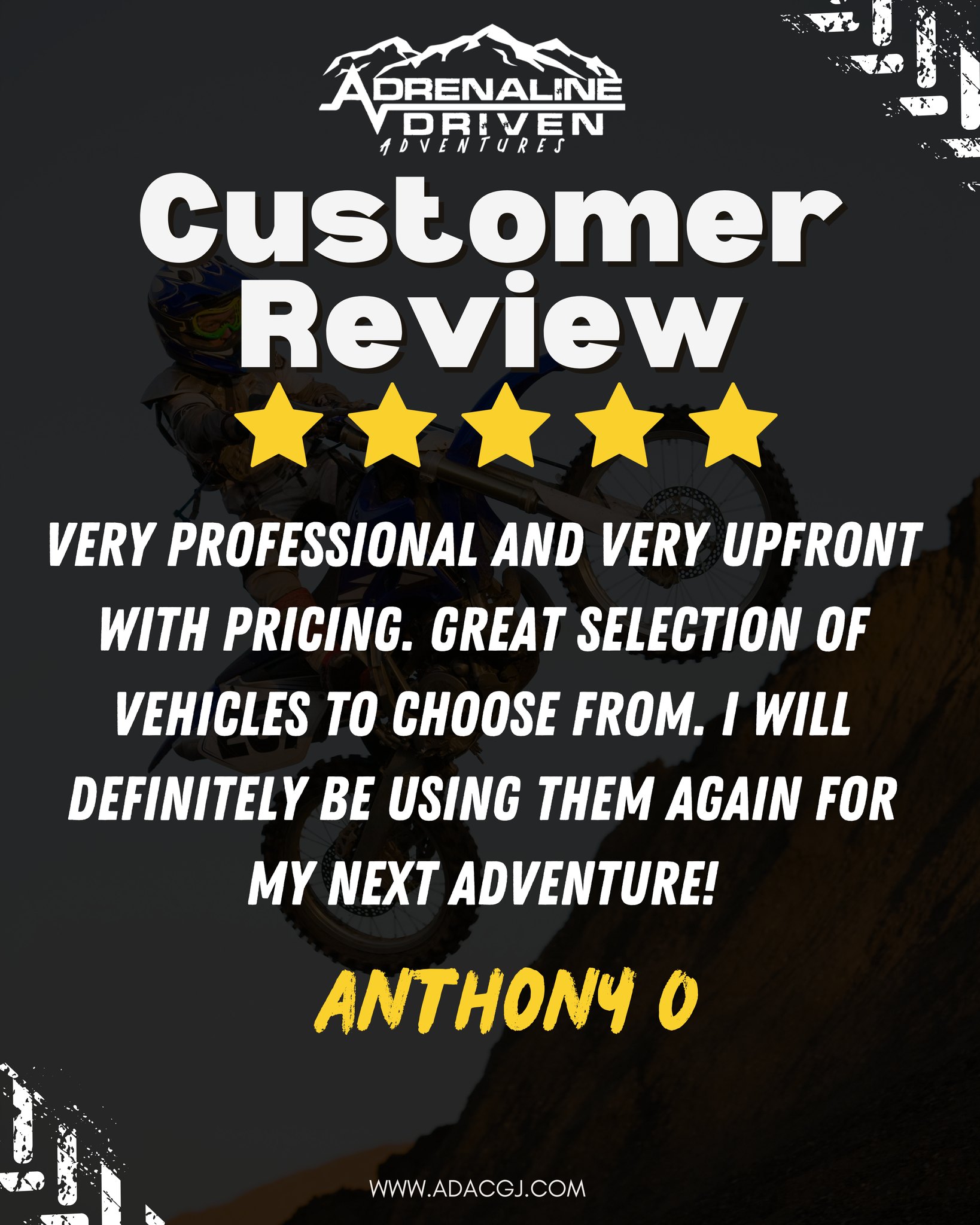 ⭐️⭐️⭐️⭐️⭐️ Thank you for the 5-star review, Anthony O!
We’re thrilled you had an amazing experience with Adrenaline Driven Adventures! Whether it’s hitting the trails on a UTV tour, renting top-quality rides, or getting expert parts and service — we’re here to keep the adventure going.