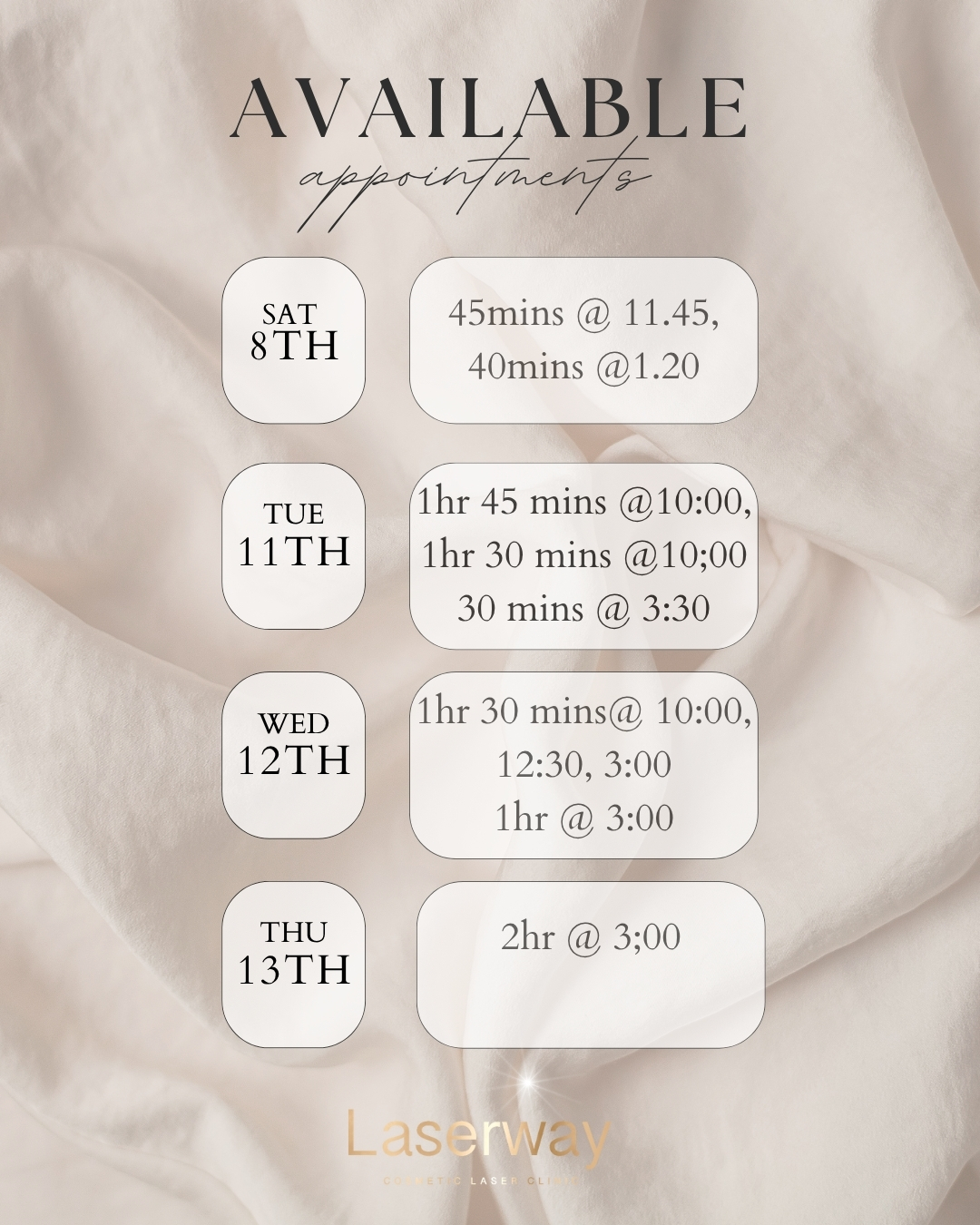 📅 Appointments Available!
We’ve got a few openings this Saturday and next week —
Send us a message to book your spot! 💌