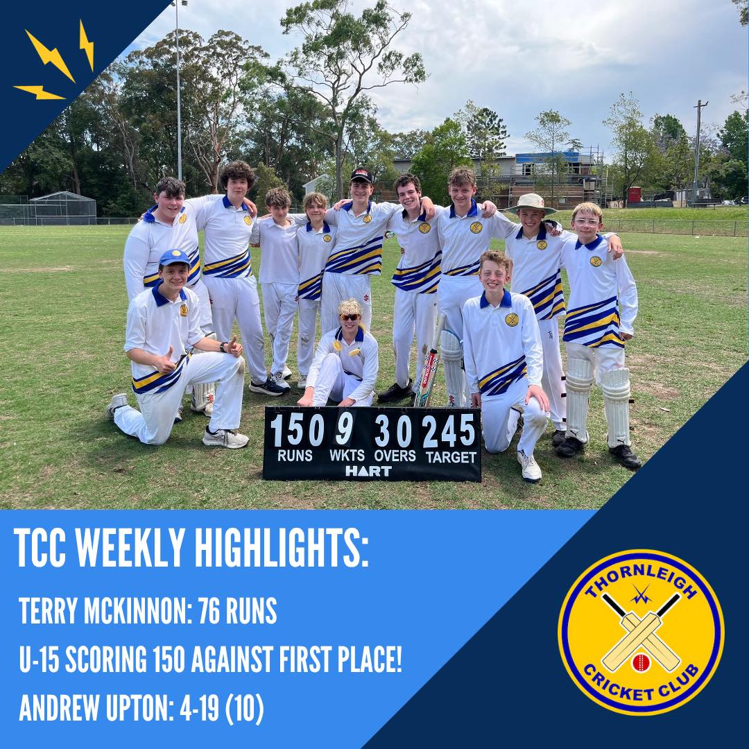 Another fantastic weekend of cricket!
The coaches of our junior teams continue to sing the praises of the players, as multiple great performances are being shown across all our age groups. Our U-15’s showed a valiant effort against a strong side, putting up 150 runs.
Our senior teams have had a great weekend, with our C4’s win already wrapped up and looking to secure an outright victory next week. Our B Grade were only 27 runs away from a first innings victory before hail, yes hail decided to interrupt the match! They’ll be looking to make quick work of things next weekend, with Elliott and Weston continuing their great form this year on 41* and 31*.
Send us an email if you have questions: thornleighcricket@gmail.com
Thanks as always to our Major Sponsor Alto Mitsubishi Pennant Hills and our Community Partners Magpies Waitara Allen & Sheppard Real Estate and Scooda for your huge support of local community cricket.
#PlayCricketforThornleigh #ThornleighCricket #SummerSport #Cricket #thornleigh #westleigh
Cricket NSW
Cricket Australia
Hornsby Ku-ring-gai & Hills District Cricket Association