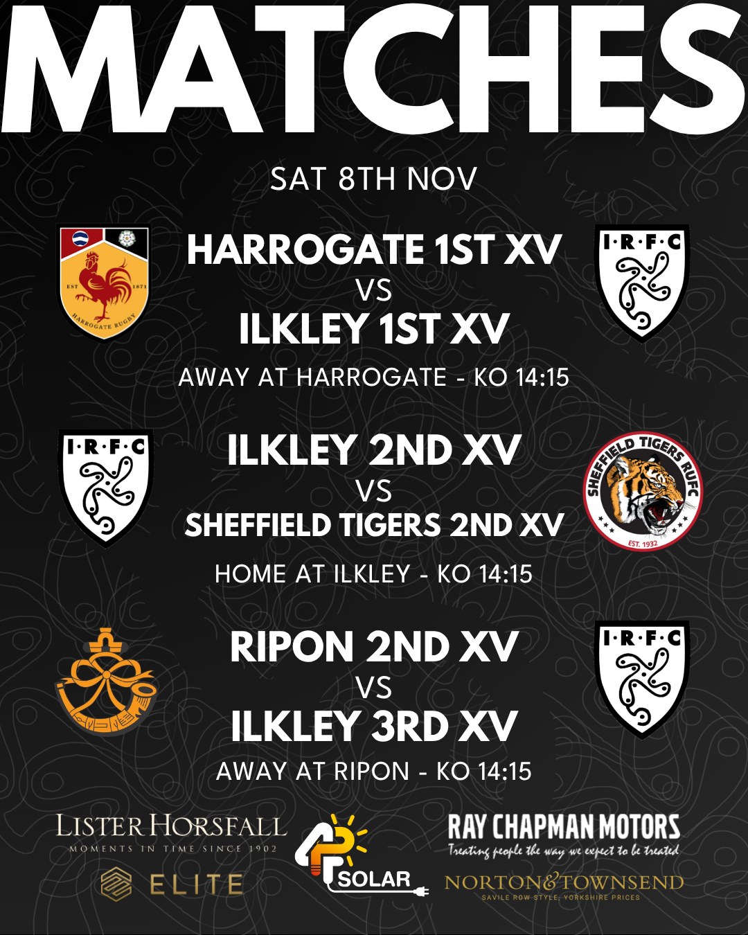 A big weekend of rugby ahead for the Dalesmen as all three senior sides are back in league action!
The 1st XV make the short trip to Harrogate for a physical Yorkshire derby, with the lads keen to make a statement and bring home the points.
At Stacks Field, the 2nd XV host Sheffield Tigers, the perfect excuse to head down to the club and show your support.
The 3rd XV travel to Ripon, ready to build on their recent win over the Leos too.
Please note that the kick offs have updated to 14:15 from November so get down early.
Listen in to @drystone_radio with Dobby for 1st XV live commentary on 102-103.5fm or online at drystoneradio.com
Saturday 8th November
Harrogate 1st XV vs Ilkley 1st XV - Away at Harrogate - League - KO 14:15
Ilkley 2nd XV vs Sheffield Tigers 2nd XV - Home at Ilkley - League - KO 14:15
Ripon 2nd XV vs Ilkley 3rd XV - Away at Ripon - League - KO 14:15
#uptheilk #irfc #ilkley #100percentilk #COYD #rugby #ilkleyrugbyclub #ilkleyrugby